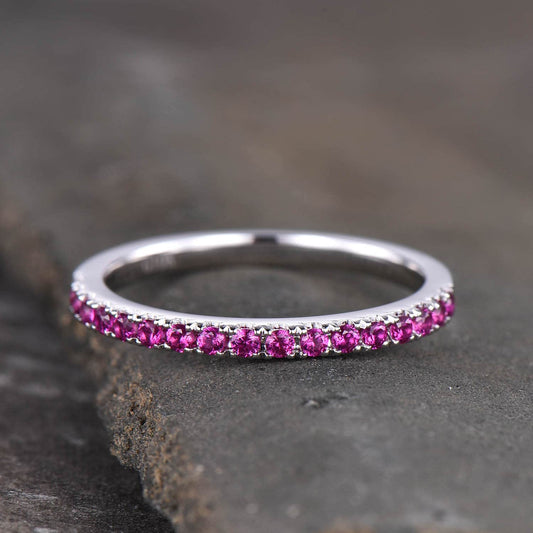 Half Eternity Ruby Wedding Band, Dainty Ruby Ring, Stacking Matching Band, Minimalist Ring, Gemstone Band, Silver Ring, Anniversary Gift