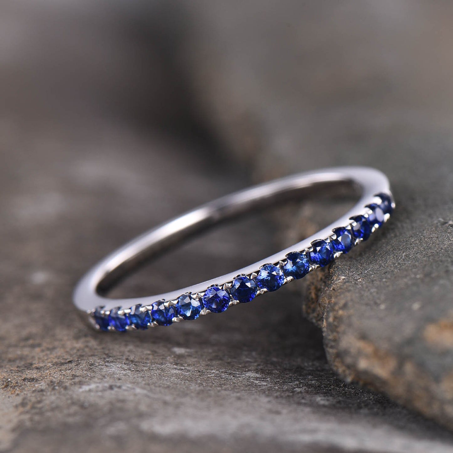 Half Eternity Sapphire Ring, Sapphire Wedding Band, Silver Sapphire Ring, Gemstone Band, Stacking Ring, Matching Band, Anniversary Gift