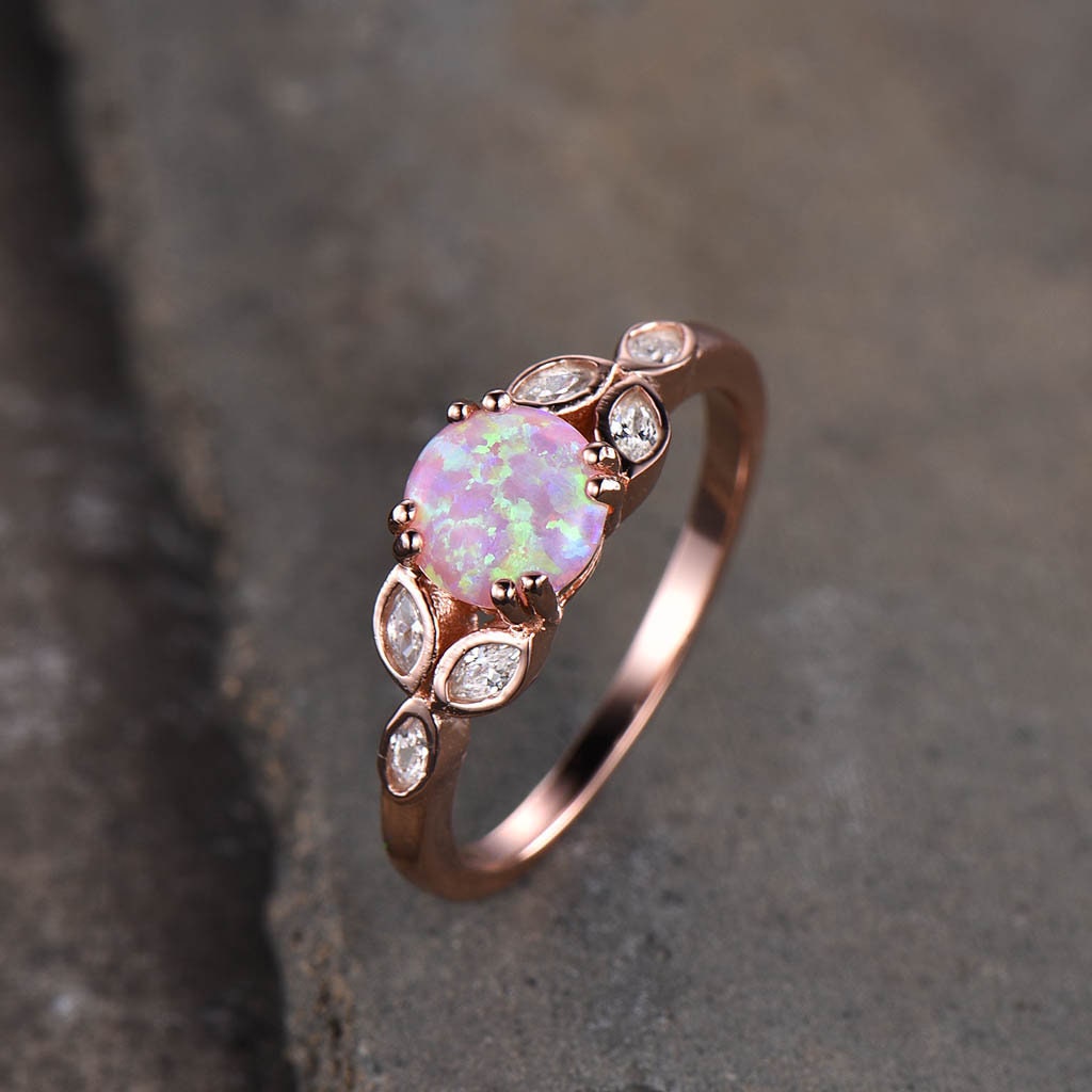 Opal Ring For Women, Pink Fire Opal Ring, Opal Engagement Ring, Rose Gold Opal Ring, Round Ring, Pink Gemstone Ring, Promise Ring
