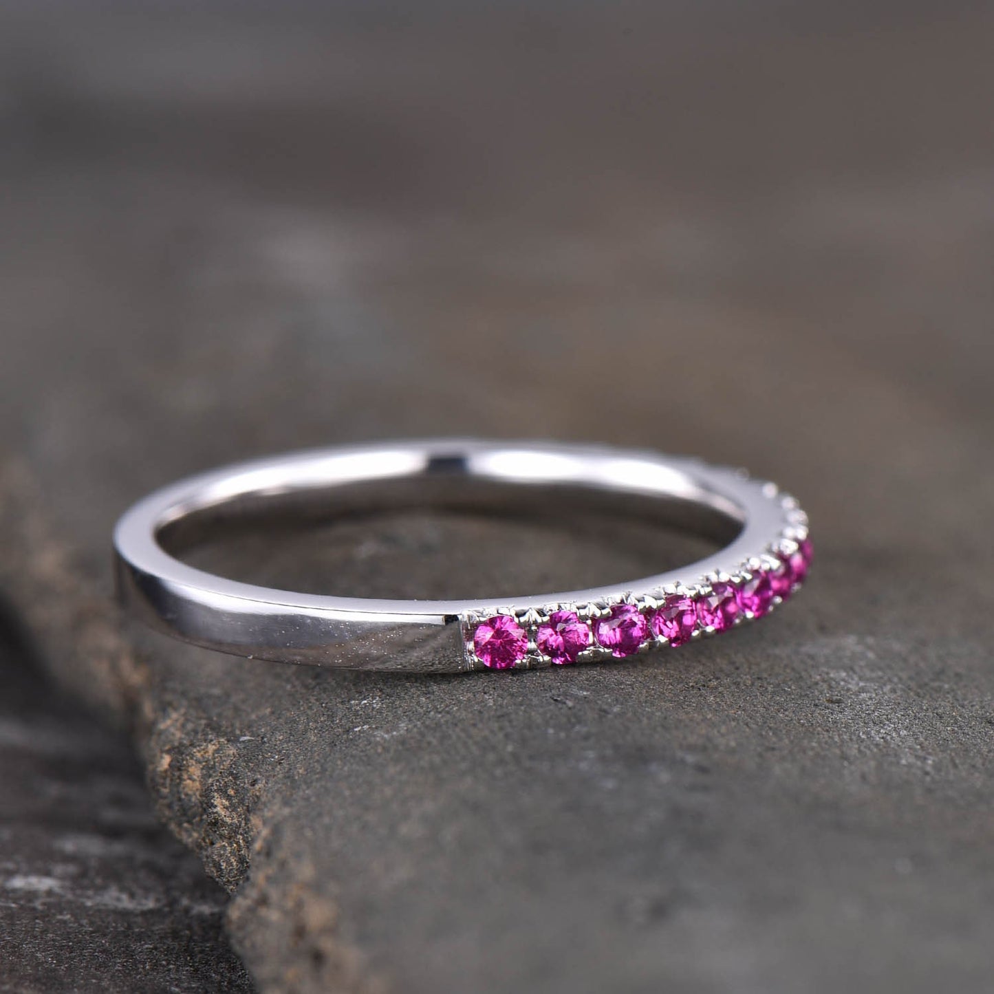 Half Eternity Ruby Wedding Band, Dainty Ruby Ring, Stacking Matching Band, Minimalist Ring, Gemstone Band, Silver Ring, Anniversary Gift