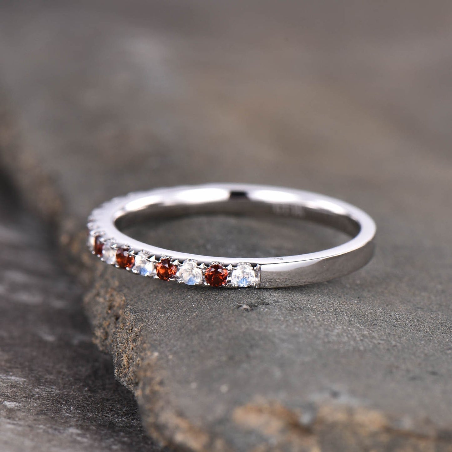 Moonstone Garnet Wedding Ring, Half Eternity Band, Garnet Silver Ring, Two Birthstone Ring, Dainty Ring, Anniversary Ring