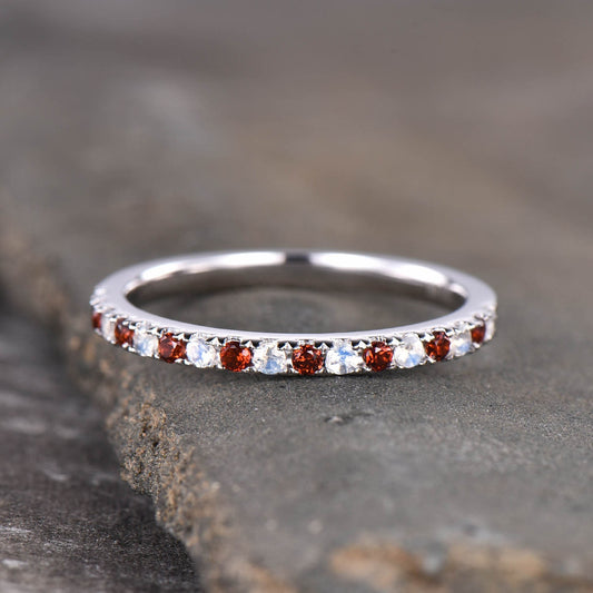 Moonstone Garnet Wedding Ring, Half Eternity Band, Garnet Silver Ring, Two Birthstone Ring, Dainty Ring, Anniversary Ring