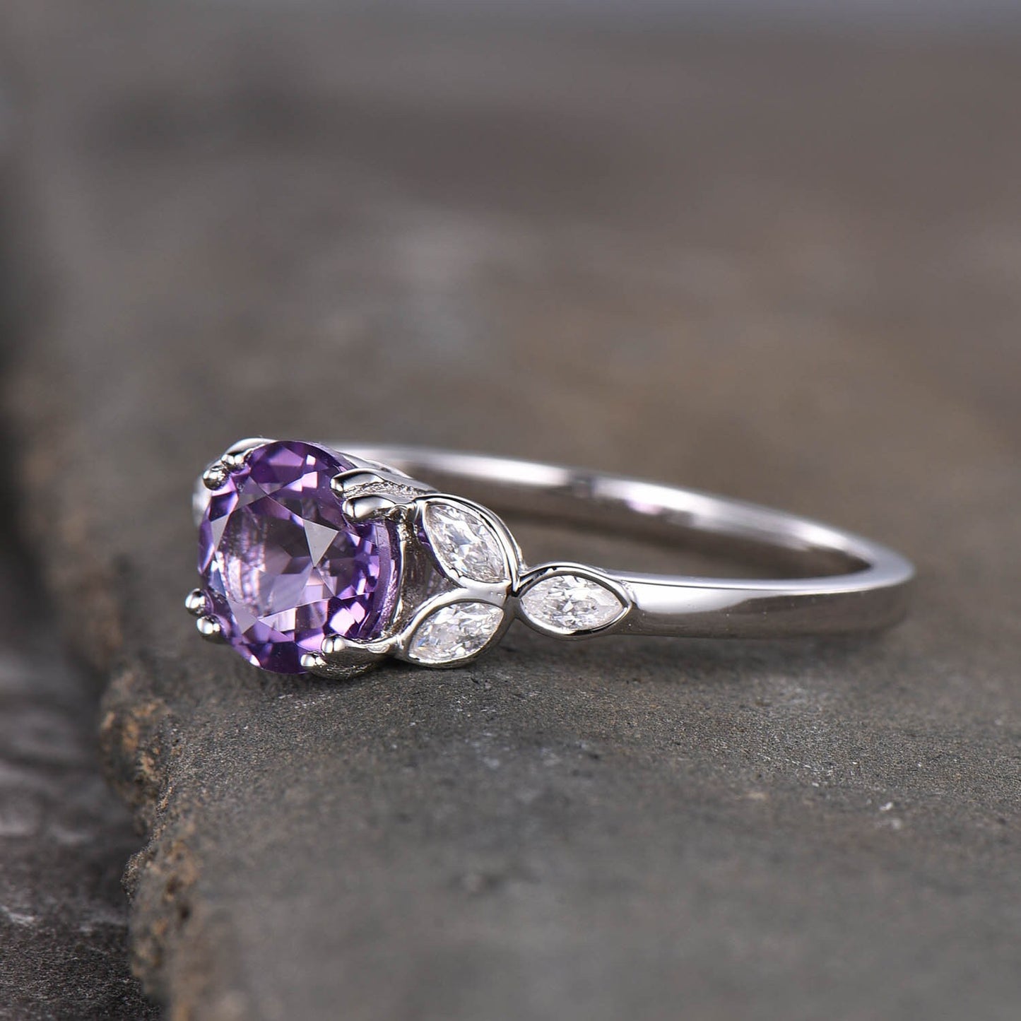 Amethyst Ring, February Birthstone, Amethyst Engagement Ring, Silver Ring, Amethyst Jewelry, Gemstone Ring, 14K White Gold