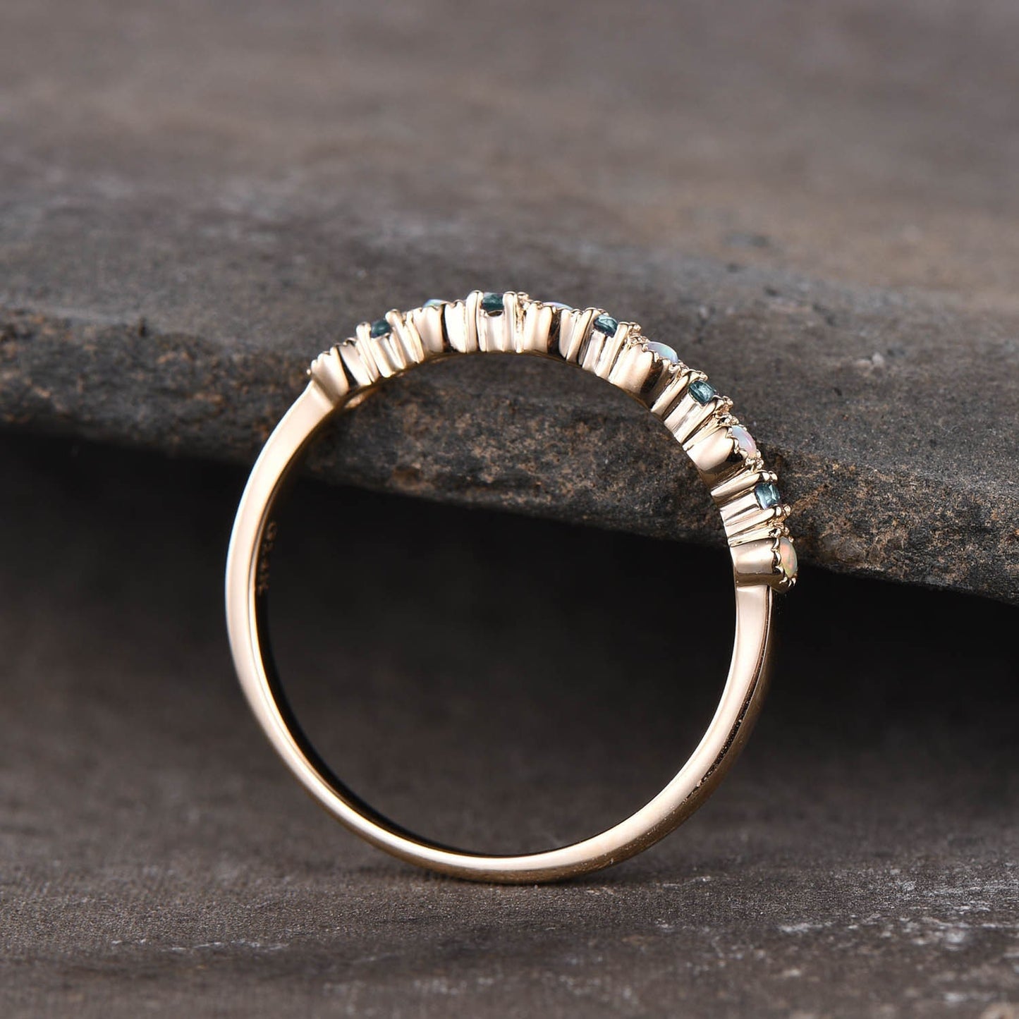 Alexandrite Opal Ring, Opal Wedding Ring, Gemstone Band, Unique Wedding Band, Stacking Ring, Gold Ring, Anniversary Gift