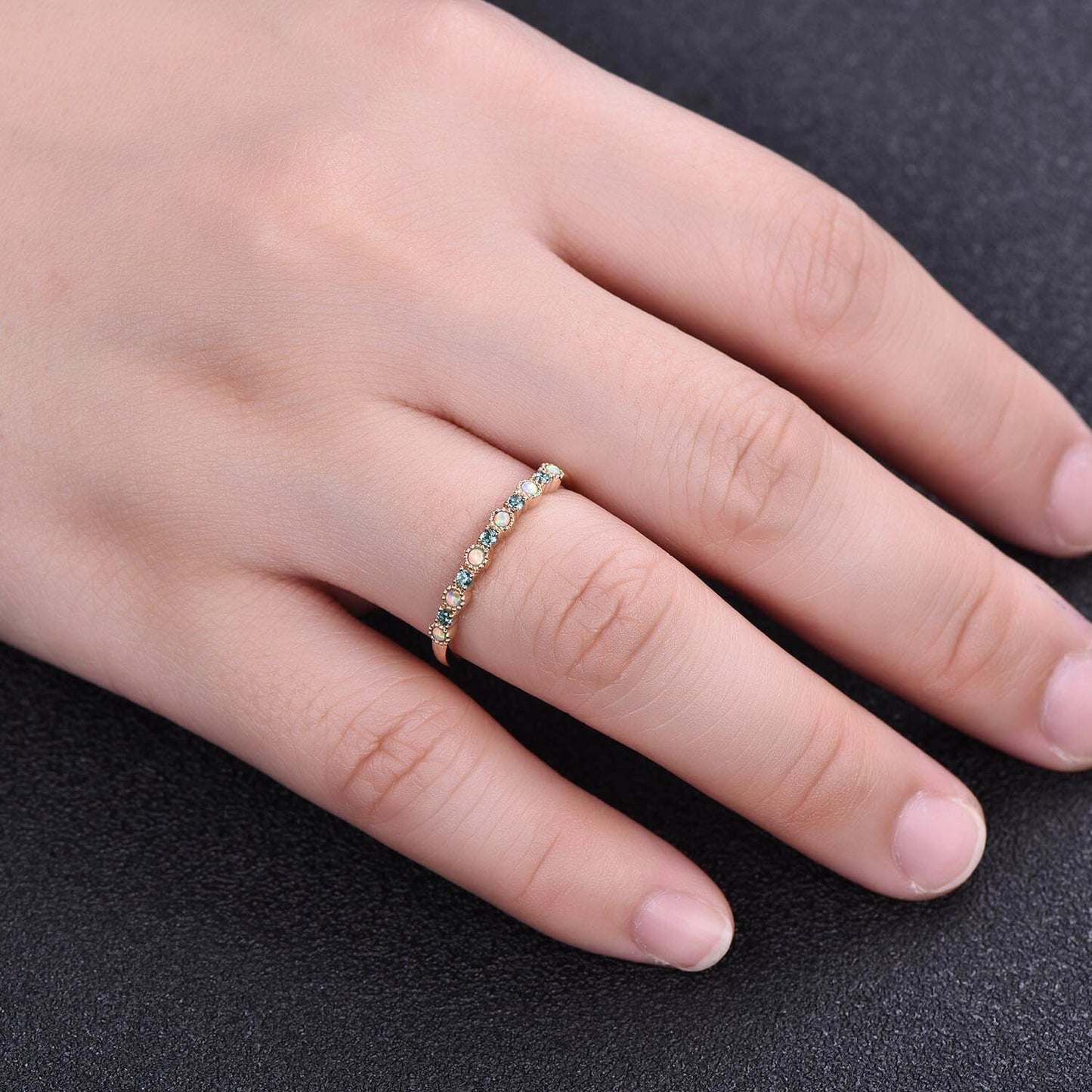 Alexandrite Opal Ring, Opal Wedding Ring, Gemstone Band, Unique Wedding Band, Stacking Ring, Gold Ring, Anniversary Gift