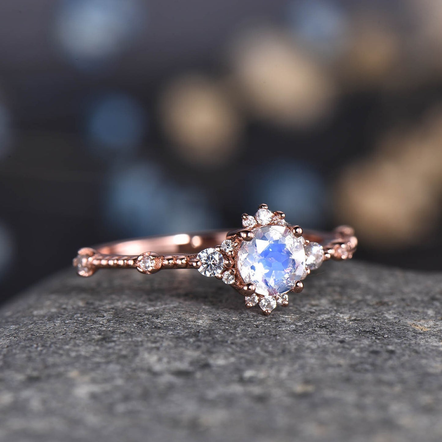 Moonstone Engagement Ring Set Rose Gold Diamond Matching Band For Women Floral Stacking Promise Wedding Jewelry Anniversary Gift For Her