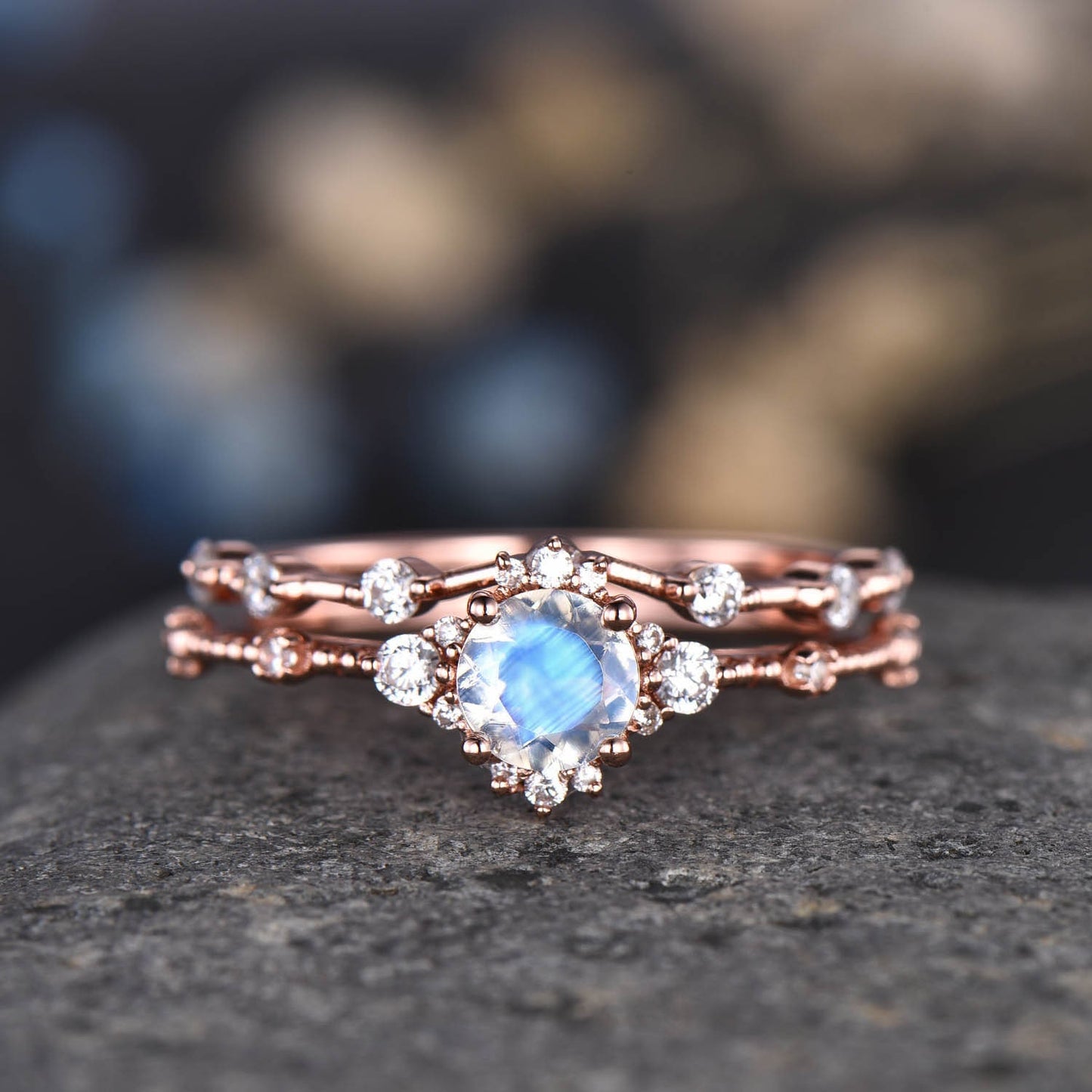 Vintage Aquamarine Engagement Ring Set Aquamarine Ring 14K Rose Gold Diamond Moissanite Wedding Band Anniversary Gift Promise Bridal Ring