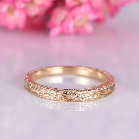 14k Plain Gold Ring,14k rose gold,Filigree Milgrain Edge,Floral Design,Wedding Ring,Wedding Band,Anniversary Ring,Retro Vintage