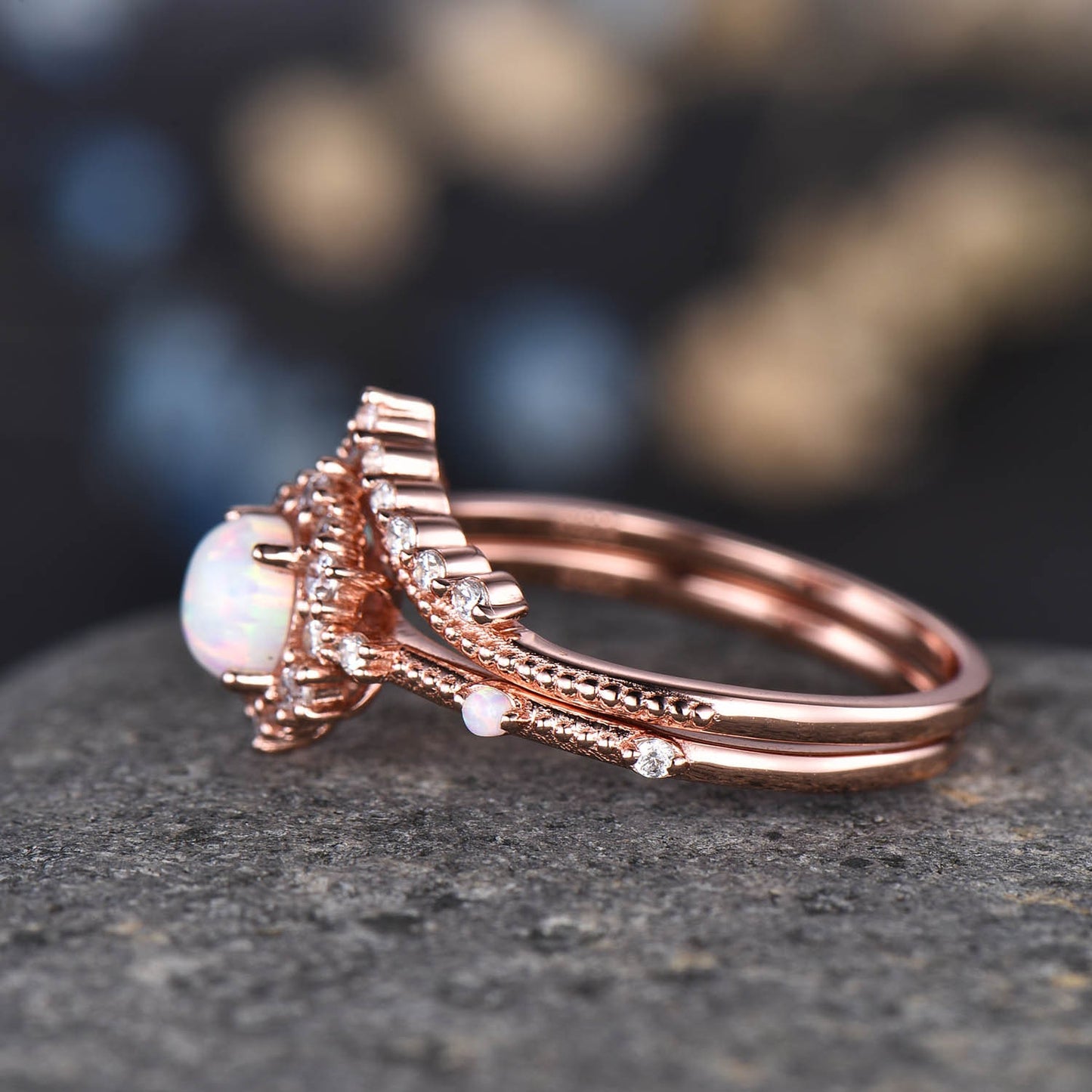 Vintage Opal Engagement Ring Set White Gold Ring Diamond Eternity Ring For Women Stacking Bridal Set Floral Halo Promise Anniversary Gift