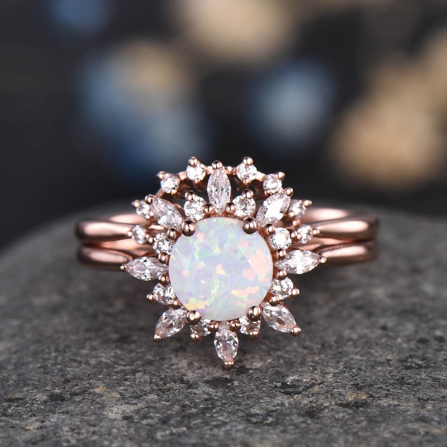 Unique Round cut Blue Sandstone Engagement Ring Women Antique Flower Diamond Halo Plain Gold Band Promise Bridal Anniversary Jewelry For Her