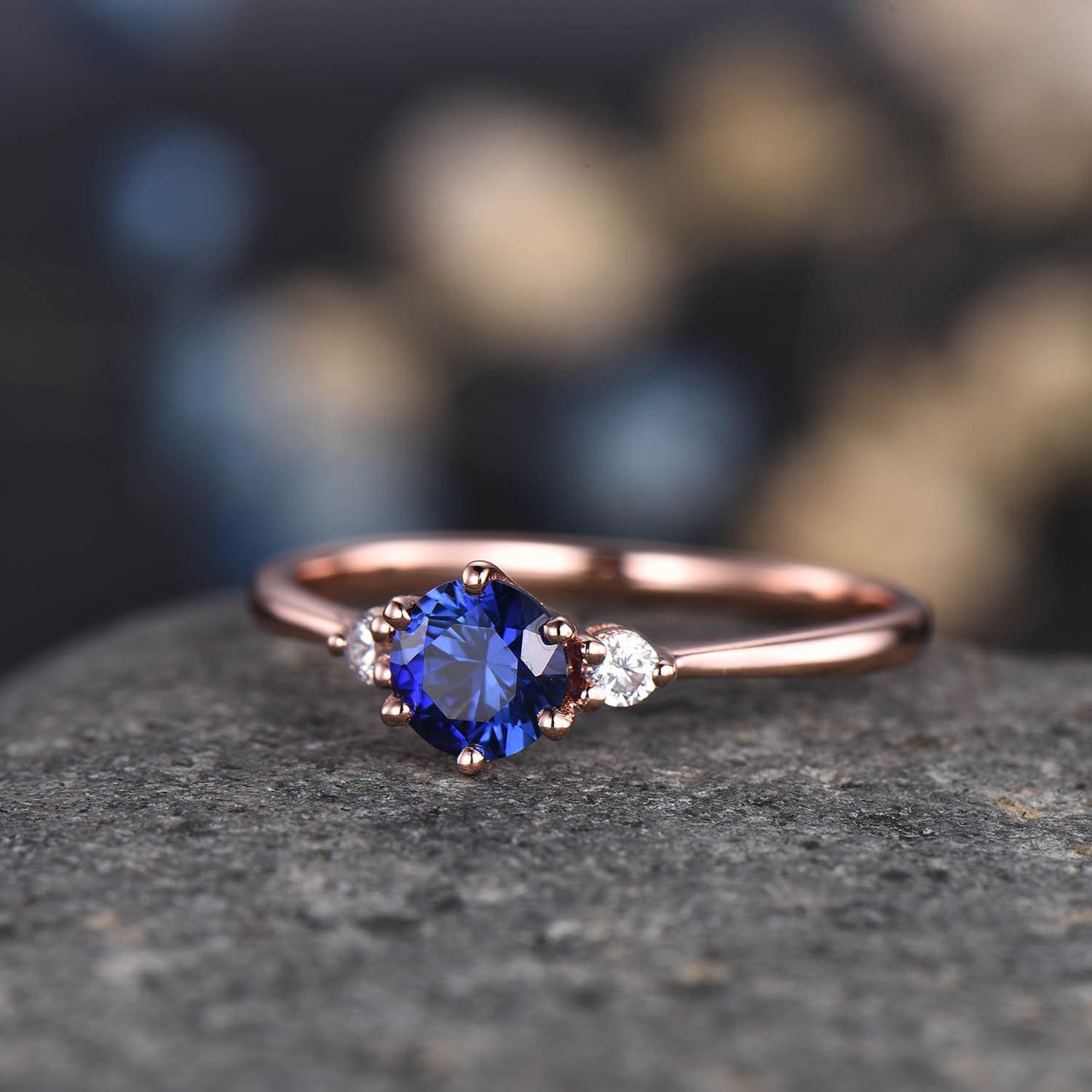 Blue sapphire engagement ring rose gold women three stone ring vintage diamond bridal promise jewelry gift for her September Birthstone