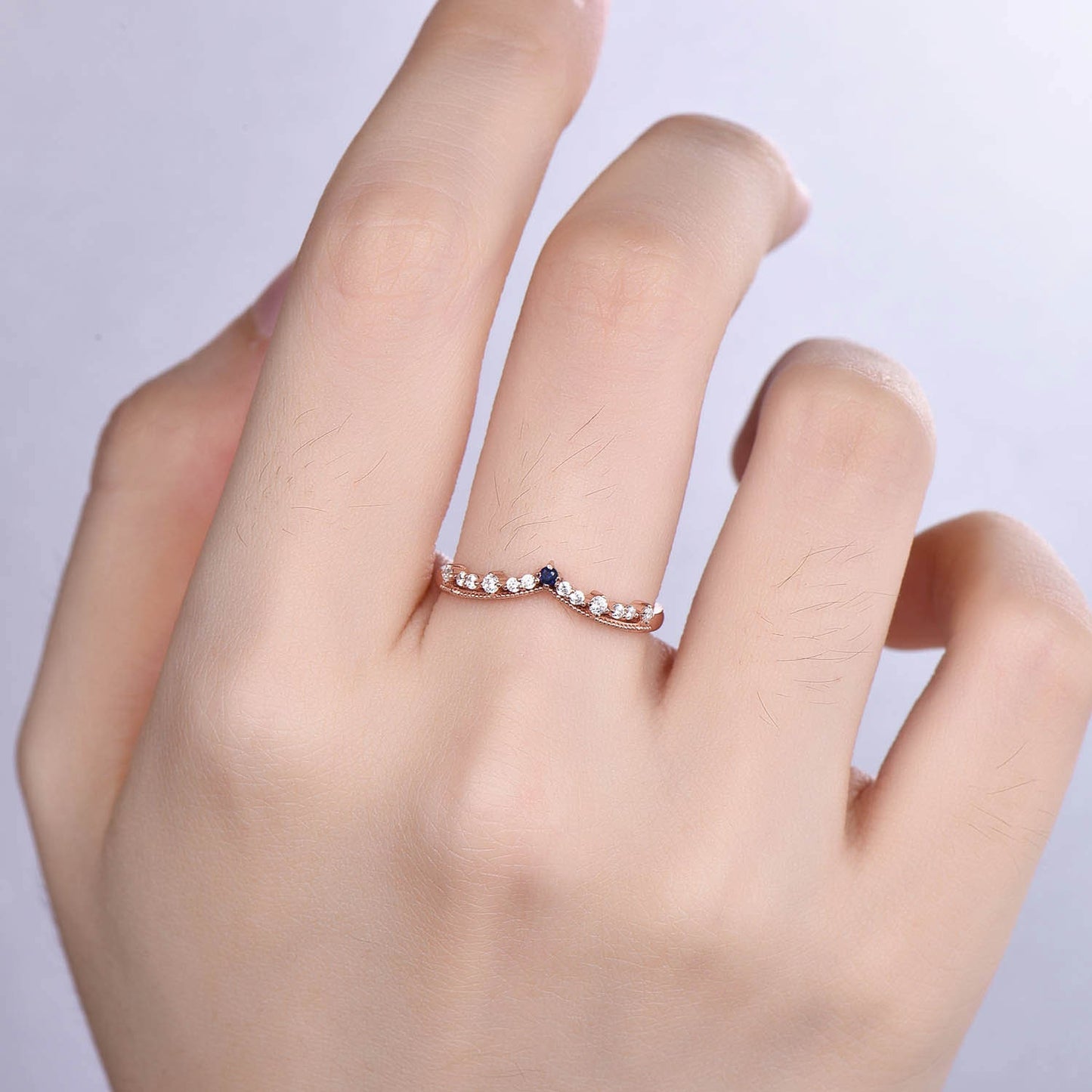 Curved Wedding Band Solid Gold Diamond Blue Sapphire Ring Women Chevron Matching Stacking Band Unique Promise Anniversary band Gift For Her