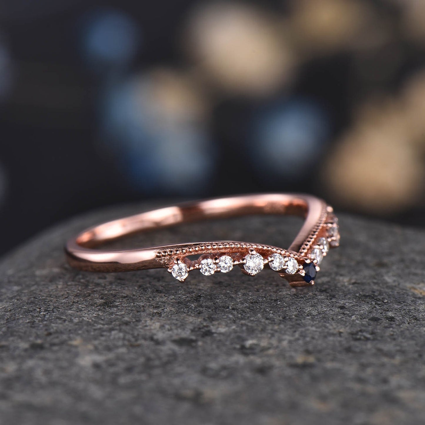 Curved Wedding Band Solid Gold Diamond Blue Sapphire Ring Women Chevron Matching Stacking Band Unique Promise Anniversary band Gift For Her