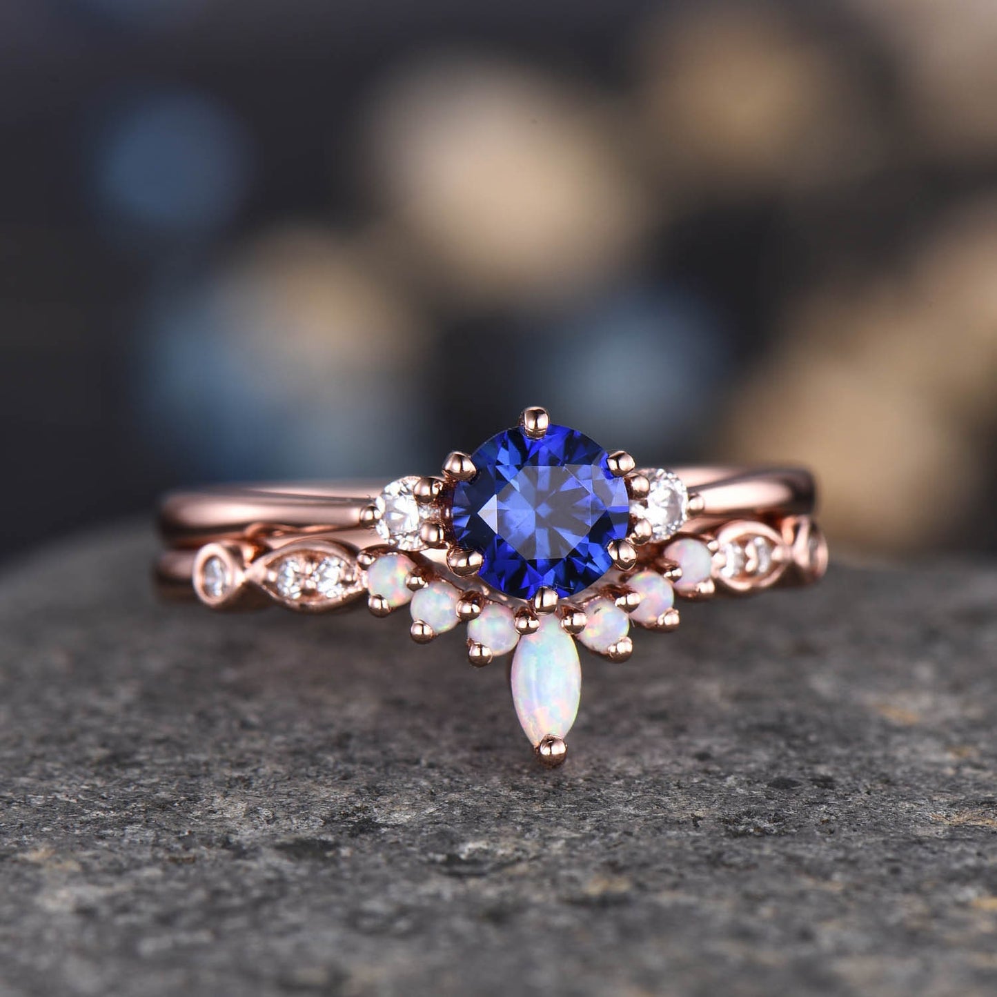 Blue sapphire ring set diamond engagement ring rose gold eternity opal curved stacking matching band promise jewelry September birthstone