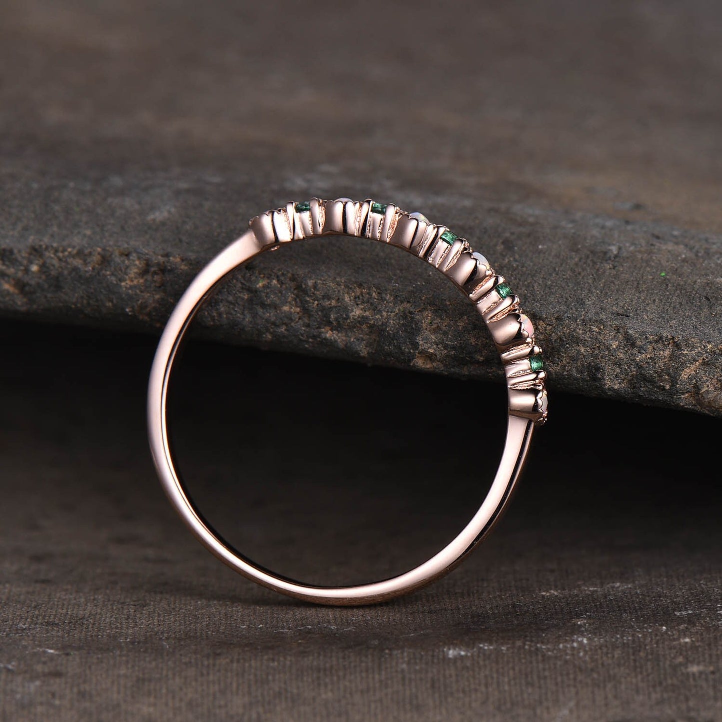 Opal Emerald Wedding Ring Opal Wedding Band Rose Gold Ring Dainty Stacking Ring Art deco Gemstone Band Anniversary Gift for Women