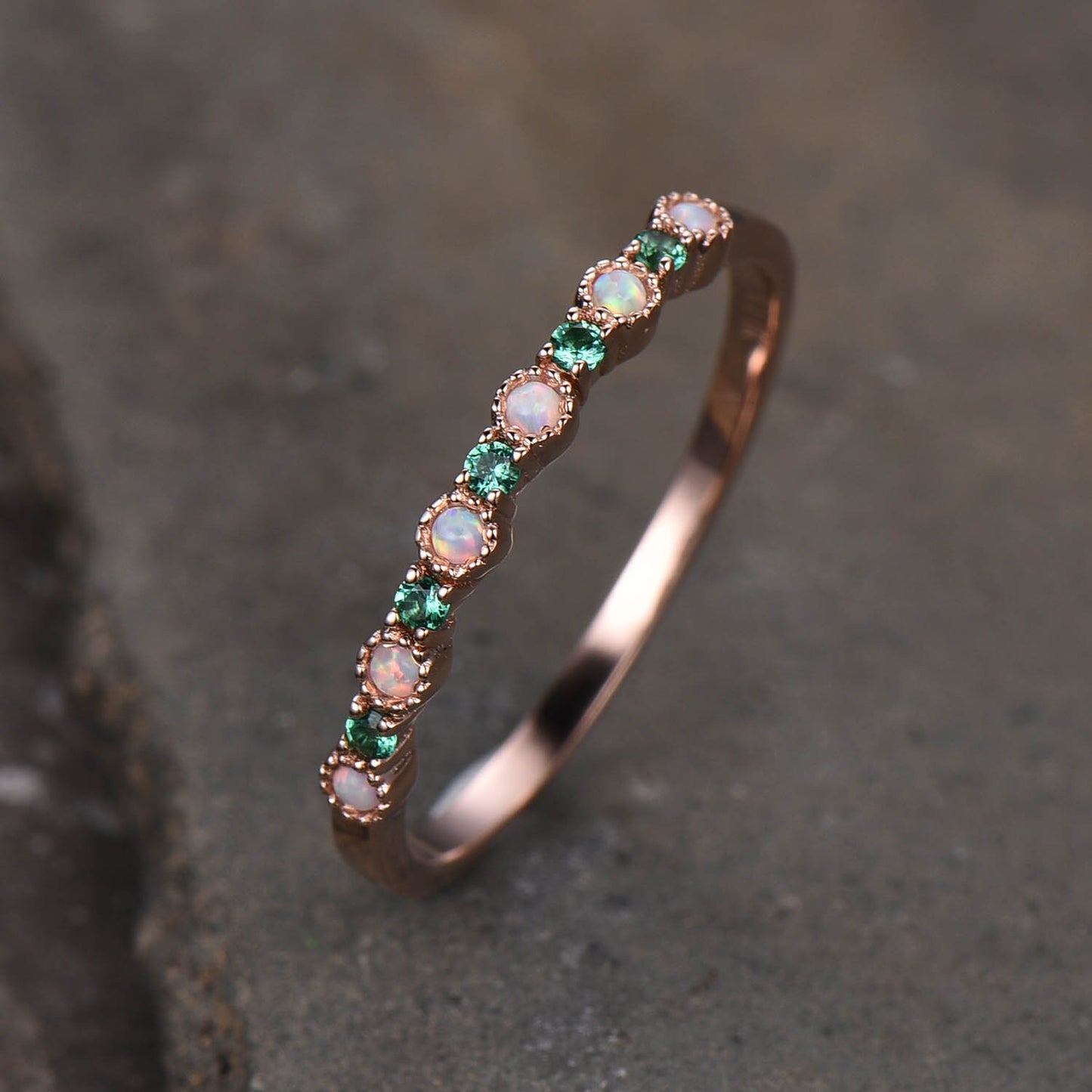 Opal Emerald Wedding Ring Opal Wedding Band Rose Gold Ring Dainty Stacking Ring Art deco Gemstone Band Anniversary Gift for Women
