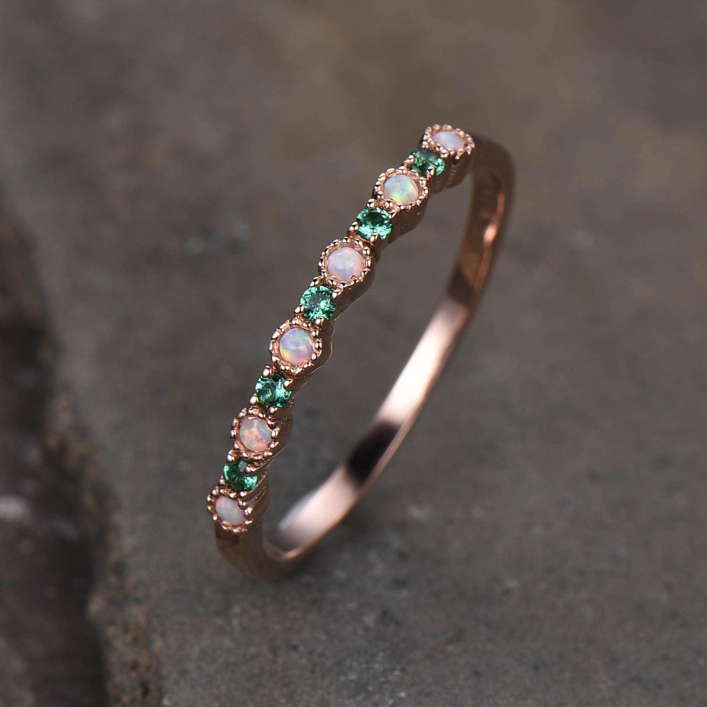 Opal Emerald Wedding Ring Opal Wedding Band Rose Gold Ring Dainty Stacking Ring Art deco Gemstone Band Anniversary Gift for Women