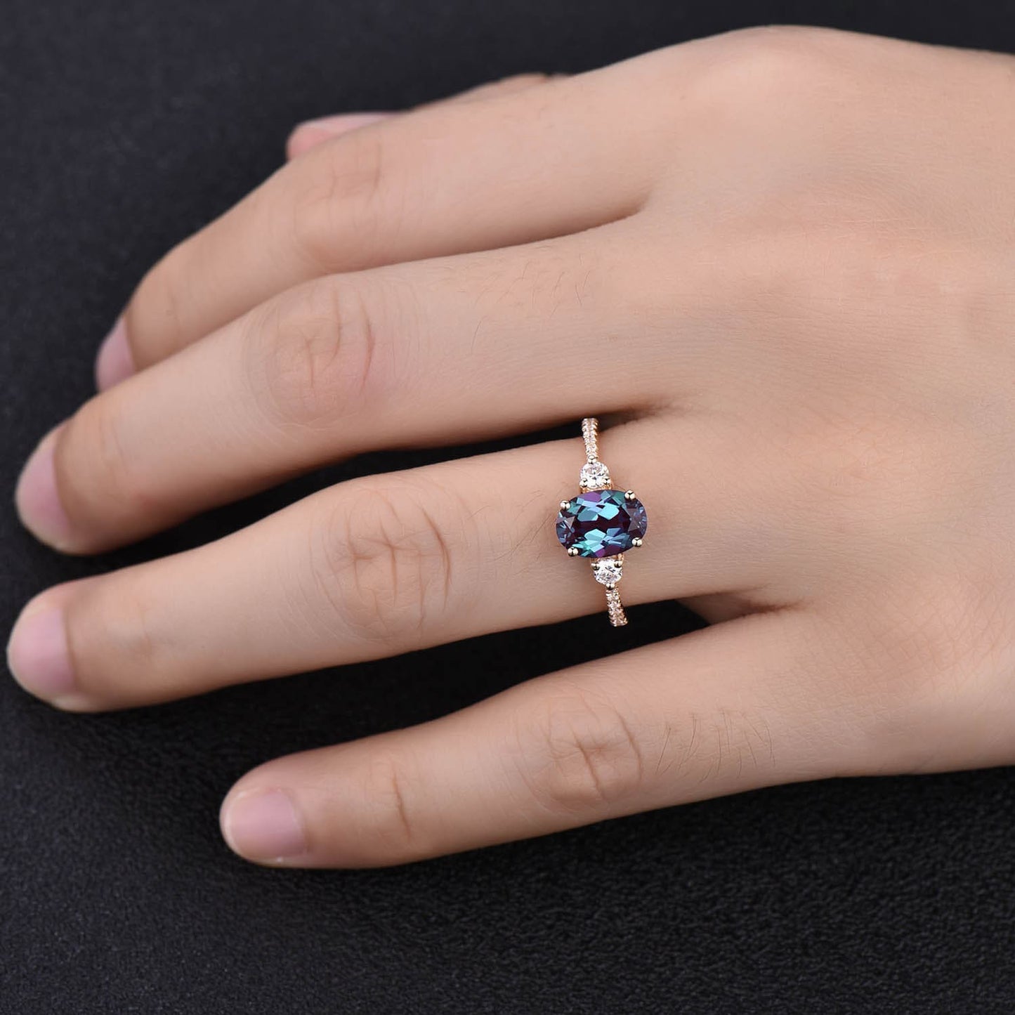 Oval Alexandrite Ring, Alexandrite Man Made Diamond Three Stone Engagement Ring, 14K Gold Ring, Alexandrite Engagement Ring, Silver Rings