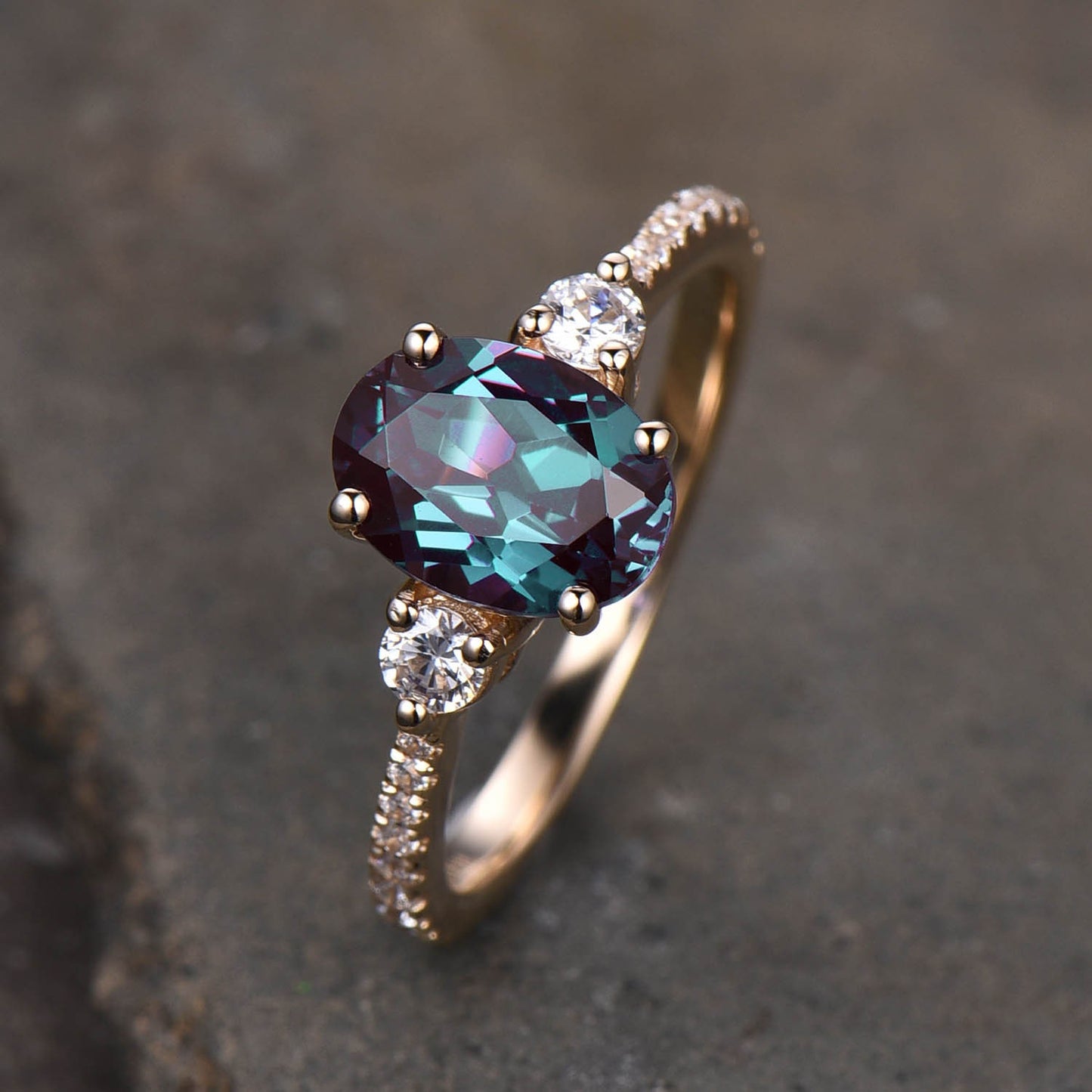 Oval Alexandrite Ring, Alexandrite Man Made Diamond Three Stone Engagement Ring, 14K Gold Ring, Alexandrite Engagement Ring, Silver Rings