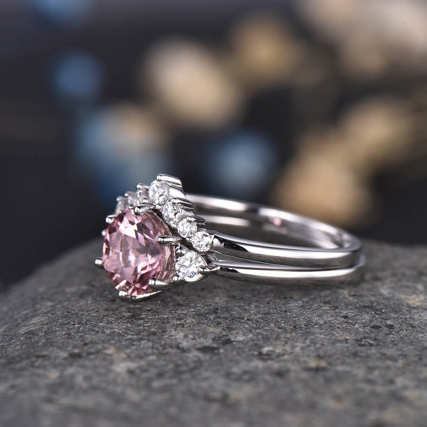 Morganite Engagement Ring Set Curved Crown Diamond/Moissanite Matching Band For Women White Gold Wedding Promise Anniversary Jewelry
