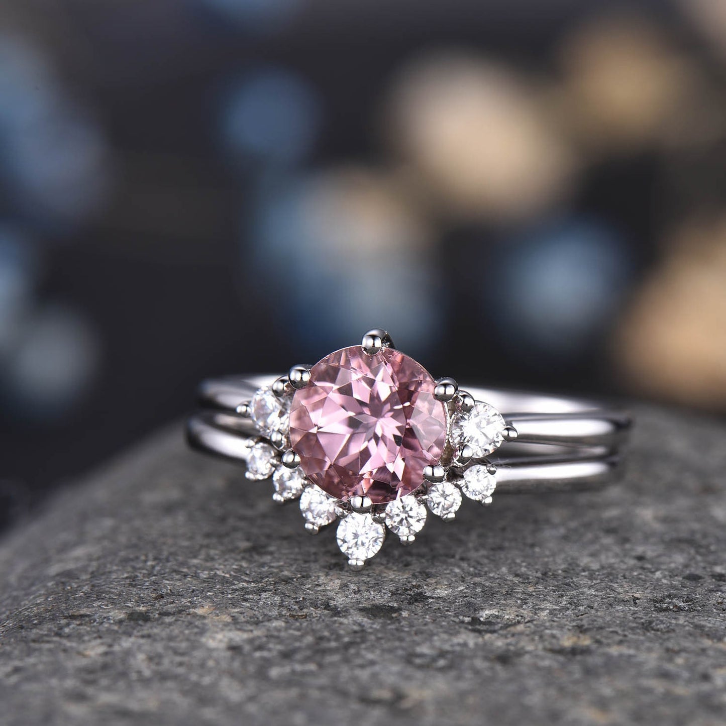 Morganite Engagement Ring Set Curved Crown Diamond/Moissanite Matching Band For Women White Gold Wedding Promise Anniversary Jewelry