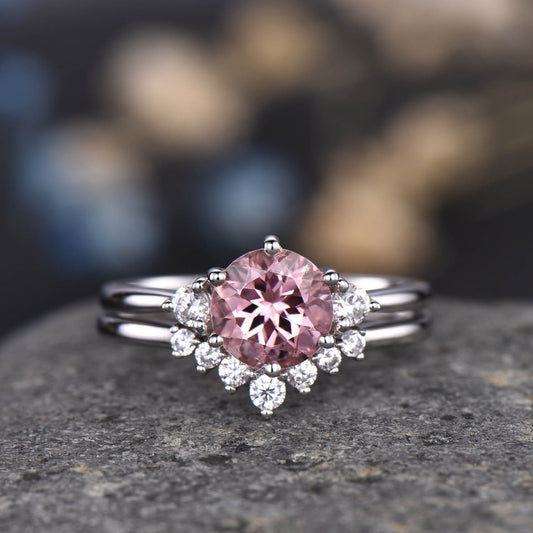 Morganite Engagement Ring Set Curved Crown Diamond/Moissanite Matching Band For Women White Gold Wedding Promise Anniversary Jewelry