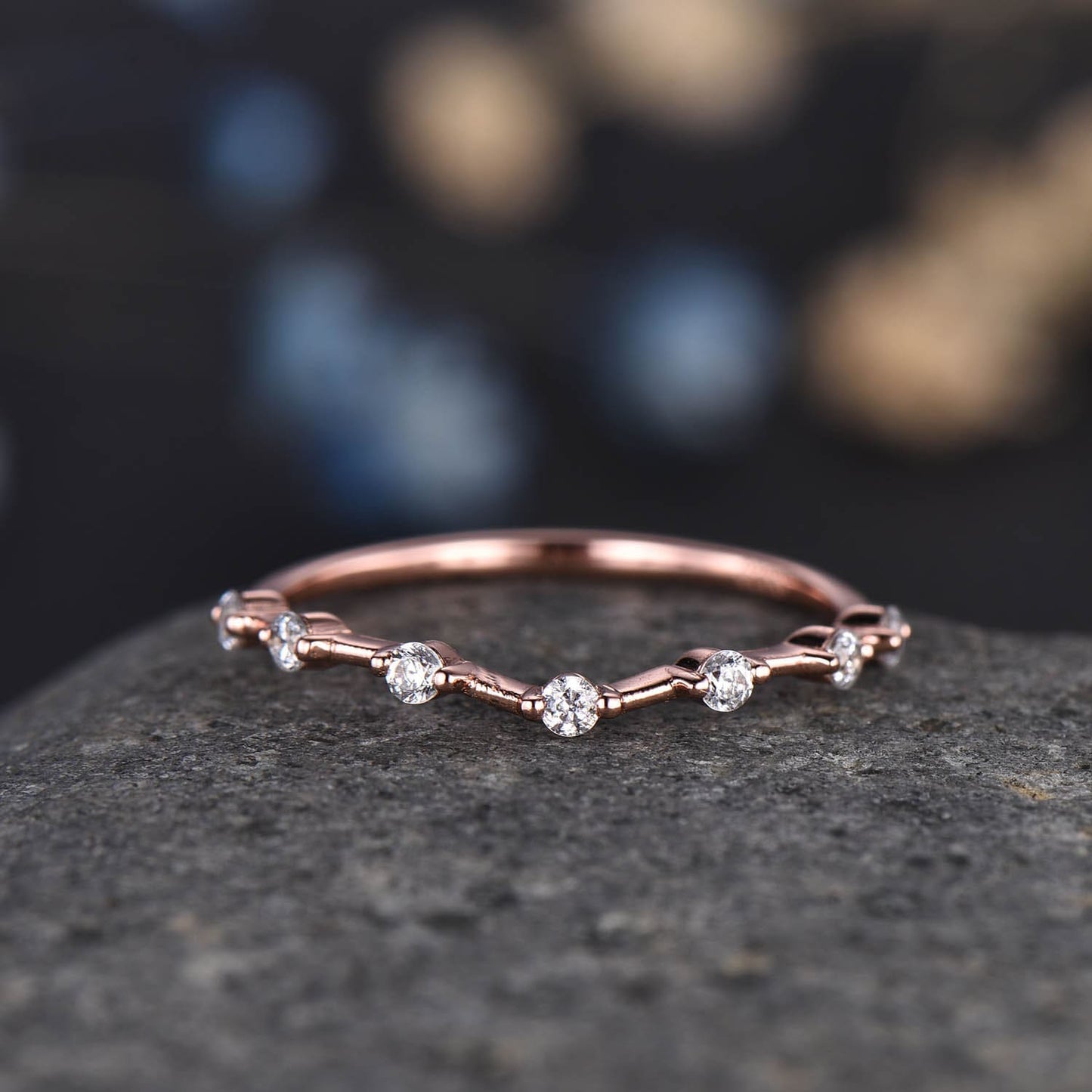 Dainty Diamond Wedding Band 14k Solid Gold Curved Wedding Ring Stacking Matching Band For Women Genuine Diamond Anniversary Gift For Her
