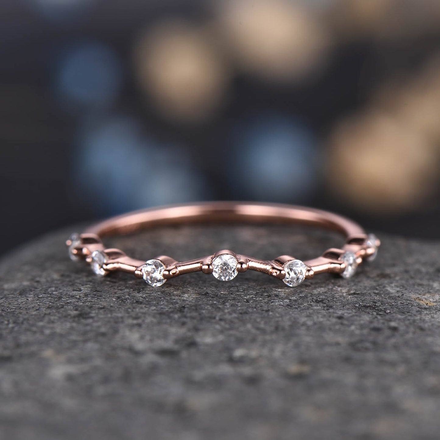 Dainty Diamond Wedding Band 14k Solid Gold Curved Wedding Ring Stacking Matching Band For Women Genuine Diamond Anniversary Gift For Her