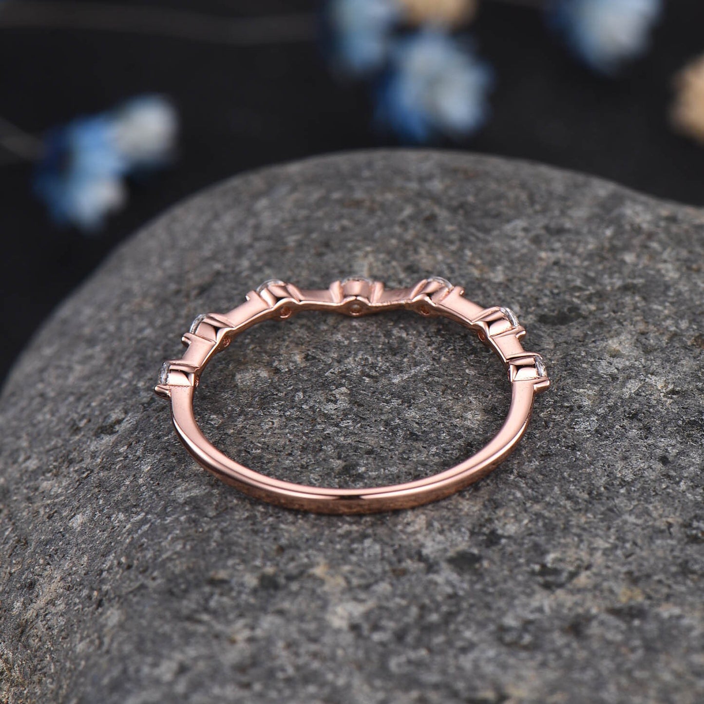 Dainty Diamond Wedding Band Rose Gold Curved Wedding Ring Stacking Matching Band For Women Genuine Diamond Anniversary Gift For Her