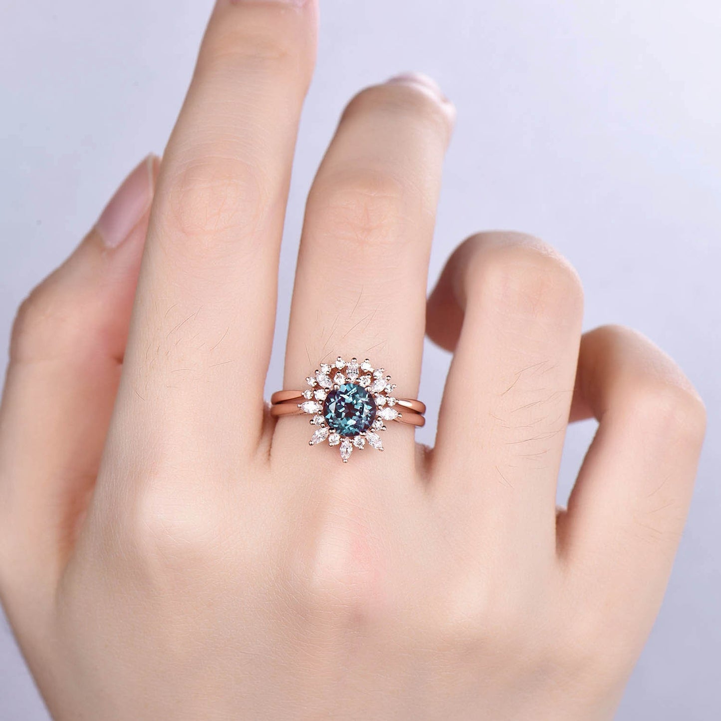 Alexandrite Engagement Ring Rose Gold Ring Diamond/ Moissanite Halo Promise Bridal Jewelry Antique Flower Style Plain Gold Band Gift For Her
