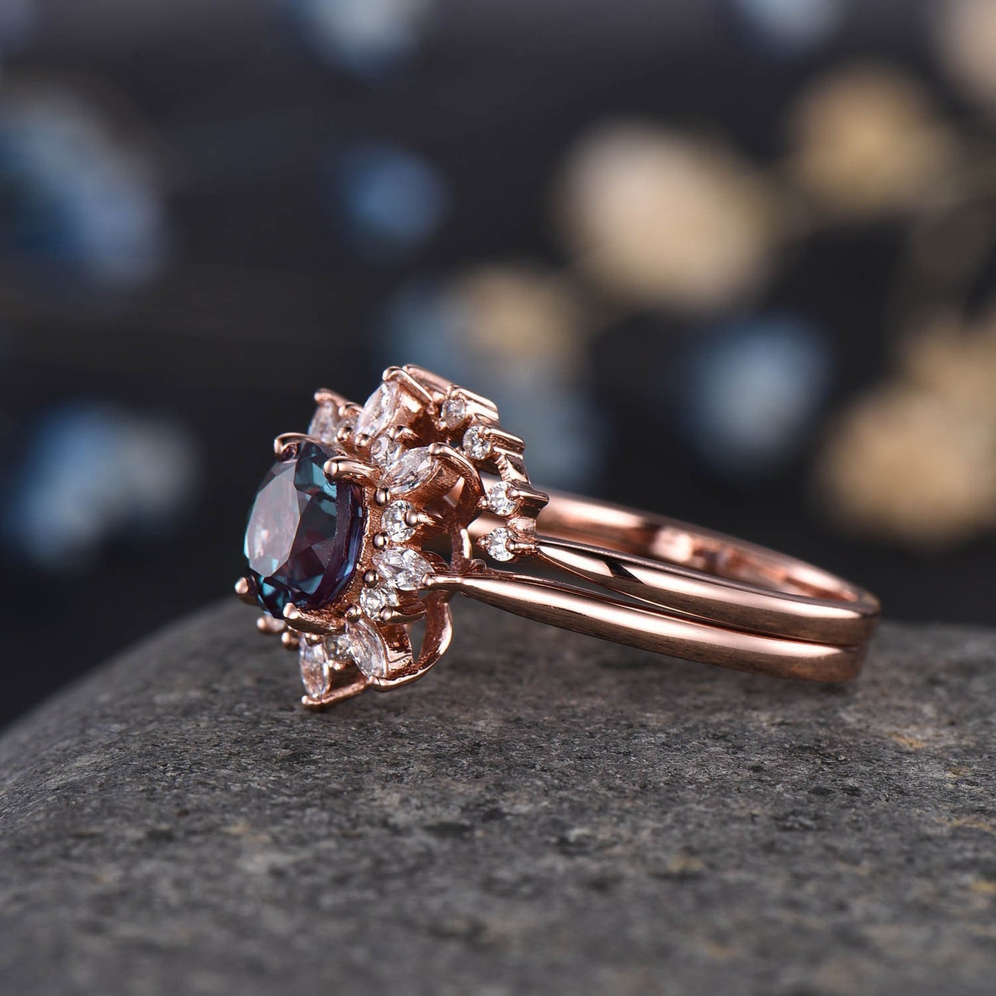 Alexandrite Engagement Ring Rose Gold Ring Diamond/ Moissanite Halo Promise Bridal Jewelry Antique Flower Style Plain Gold Band Gift For Her