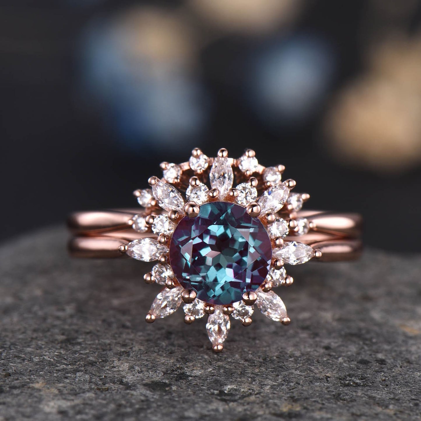 Alexandrite Engagement Ring Rose Gold Ring Diamond/ Moissanite Halo Promise Bridal Jewelry Antique Flower Style Plain Gold Band Gift For Her