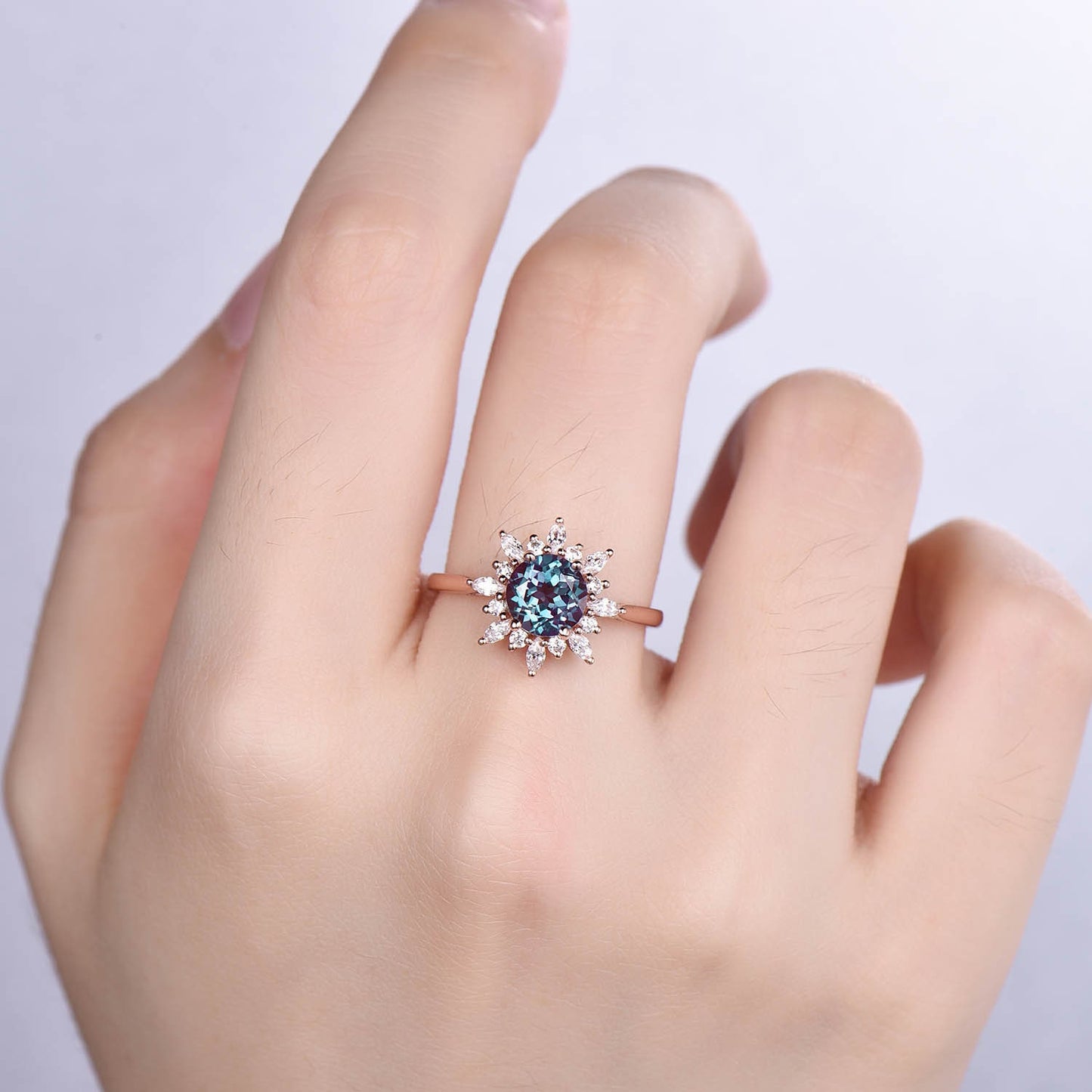 Alexandrite Engagement Ring Rose Gold Ring Diamond/ Moissanite Halo Promise Bridal Jewelry Antique Flower Style Plain Gold Band Gift For Her