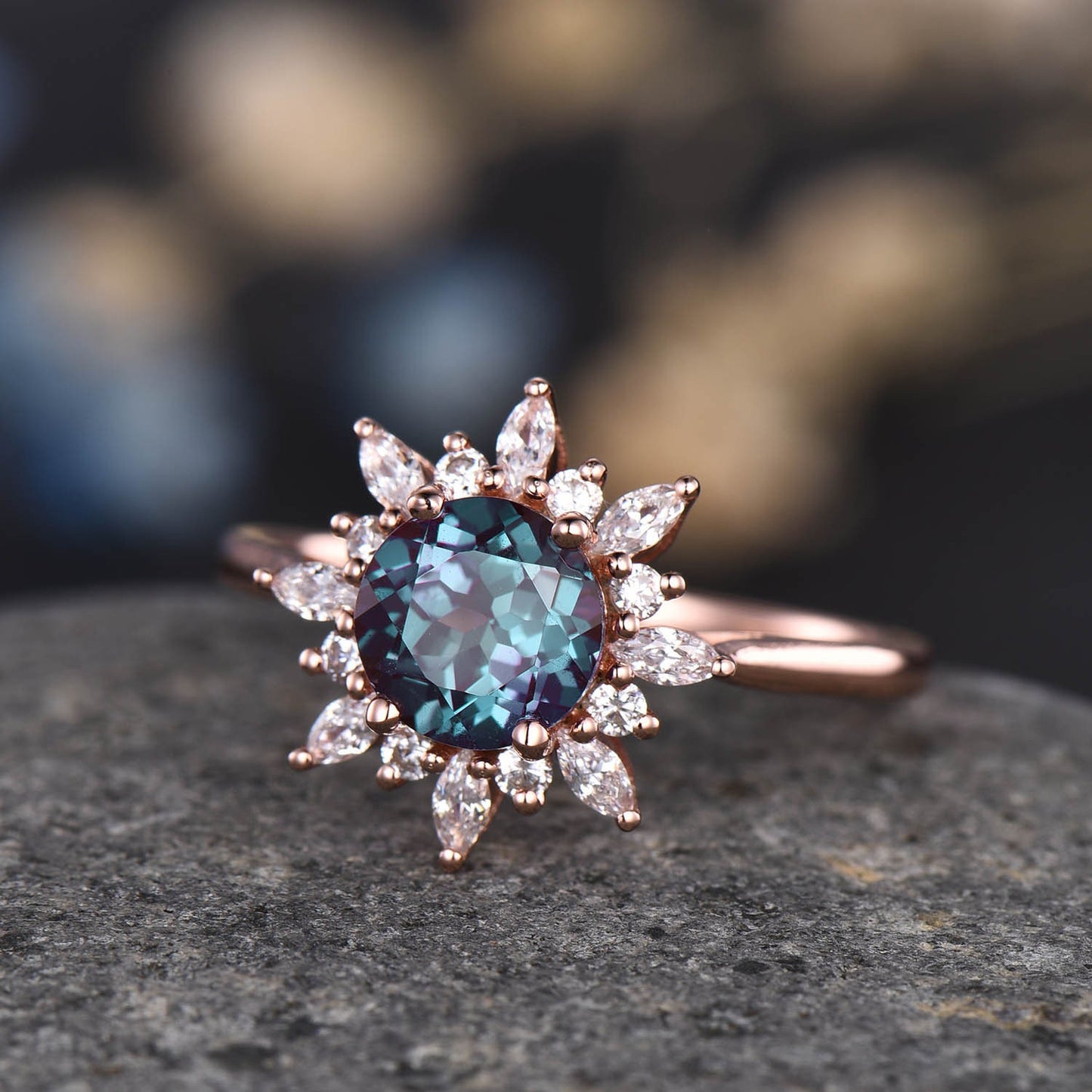 Alexandrite Engagement Ring Rose Gold Ring Diamond/ Moissanite Halo Promise Bridal Jewelry Antique Flower Style Plain Gold Band Gift For Her