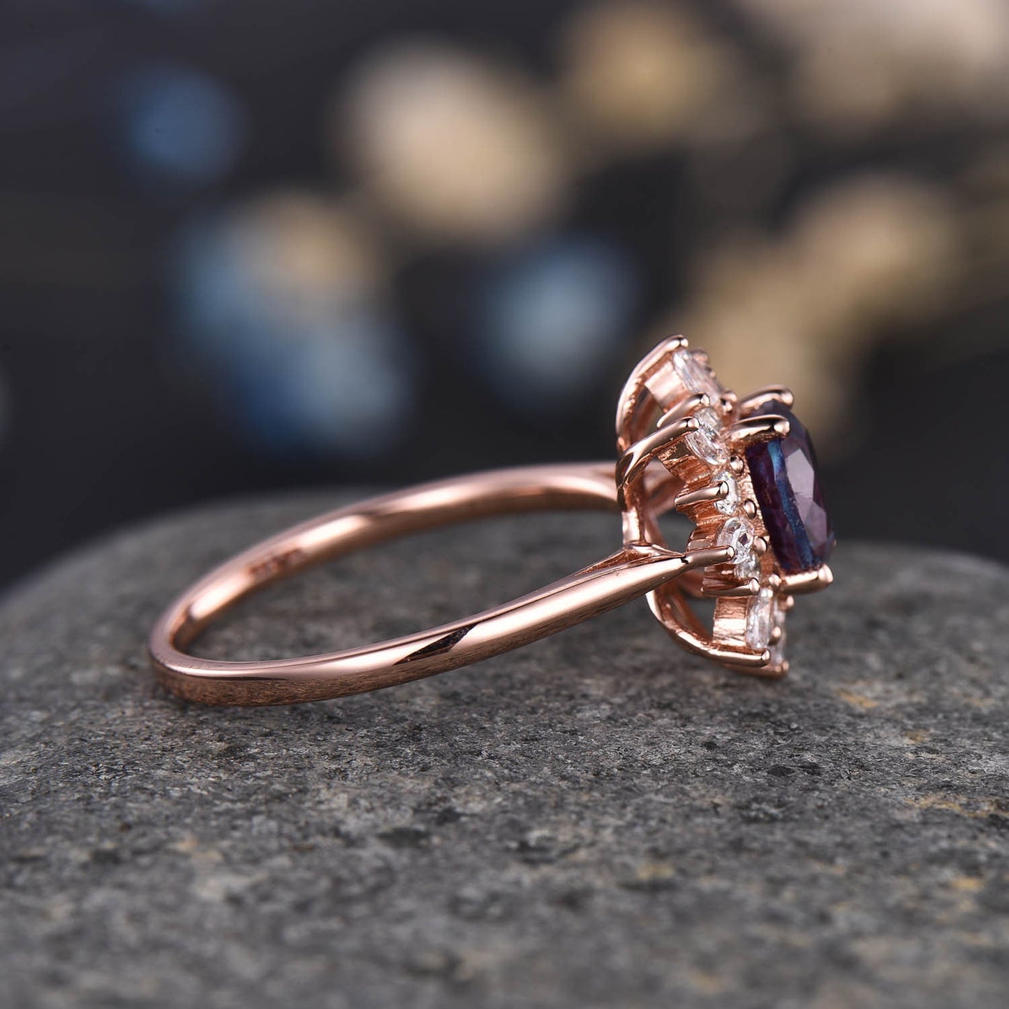 Alexandrite Engagement Ring Rose Gold Ring Diamond/ Moissanite Halo Promise Bridal Jewelry Antique Flower Style Plain Gold Band Gift For Her