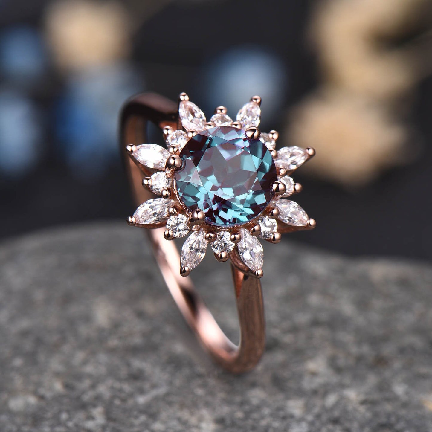 Alexandrite Engagement Ring Rose Gold Ring Diamond/ Moissanite Halo Promise Bridal Jewelry Antique Flower Style Plain Gold Band Gift For Her