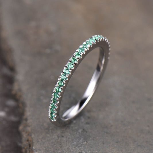 Half Eternity Emerald Band, Emerald Wedding Band, May Birthstone Ring, Dainty Stacking Ring, Silver Rings, Emerald Gold Ring, Gift for her