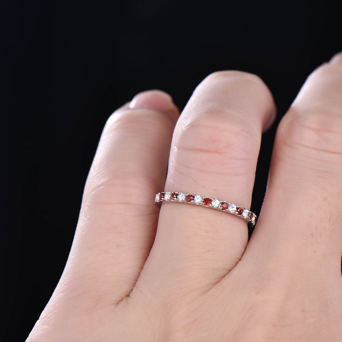 Moonstone Garnet Wedding Ring, Half Eternity Band, Garnet Silver Ring, Two Birthstone Ring, Dainty Ring, Anniversary Ring