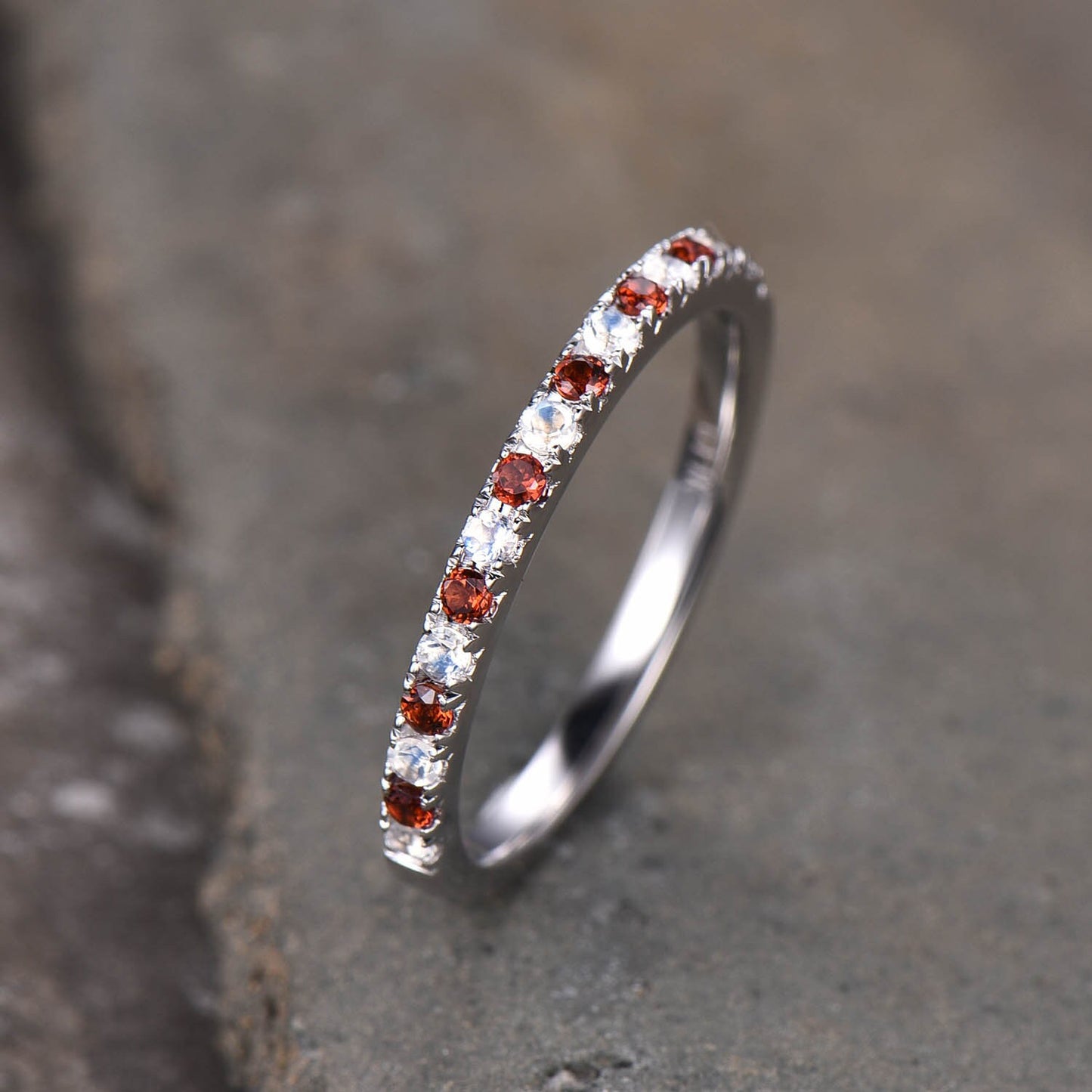 Moonstone Garnet Wedding Ring, Half Eternity Band, Garnet Silver Ring, Two Birthstone Ring, Dainty Ring, Anniversary Ring