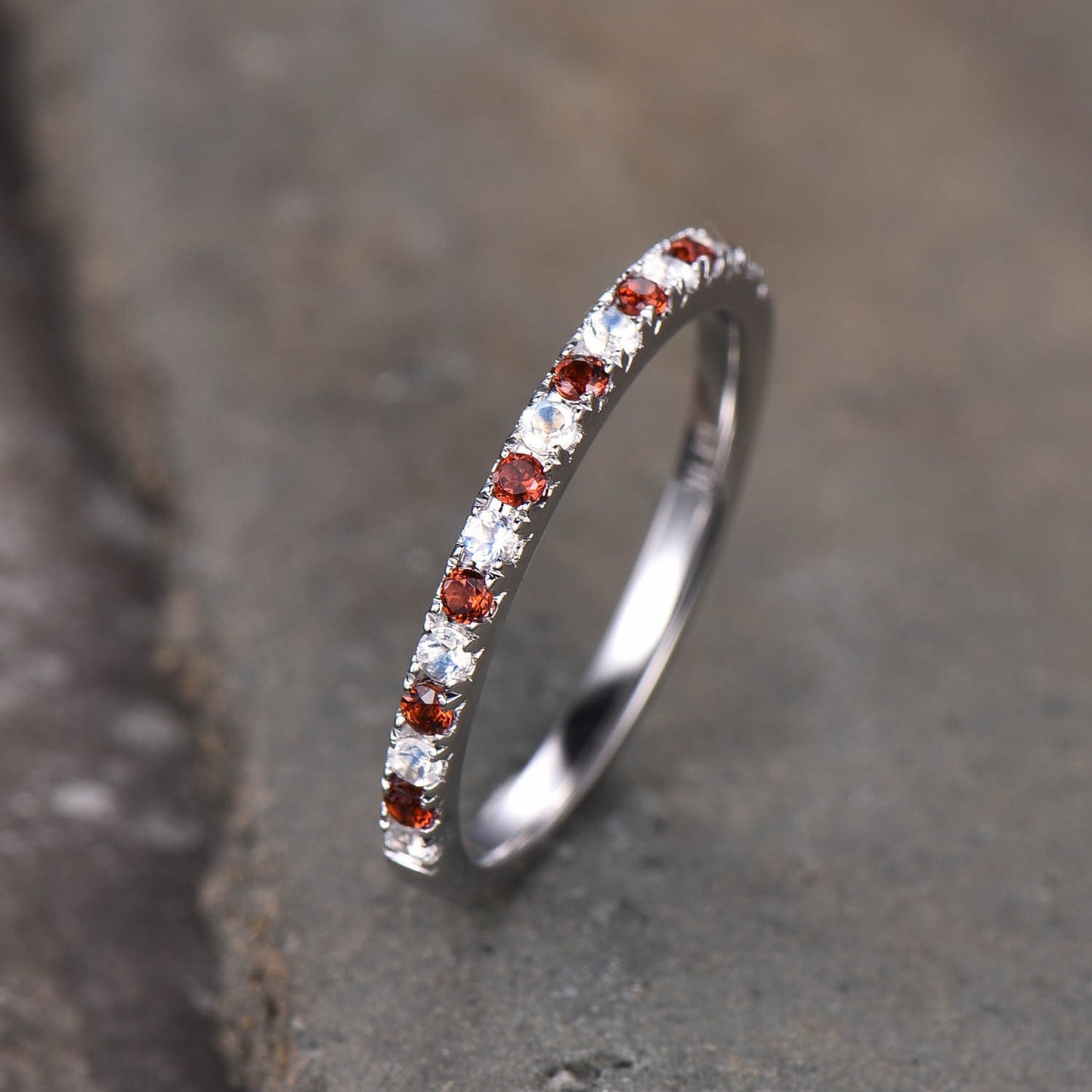 Moonstone Garnet Wedding Ring, Half Eternity Band, Garnet Silver Ring, Two Birthstone Ring, Dainty Ring, Anniversary Ring