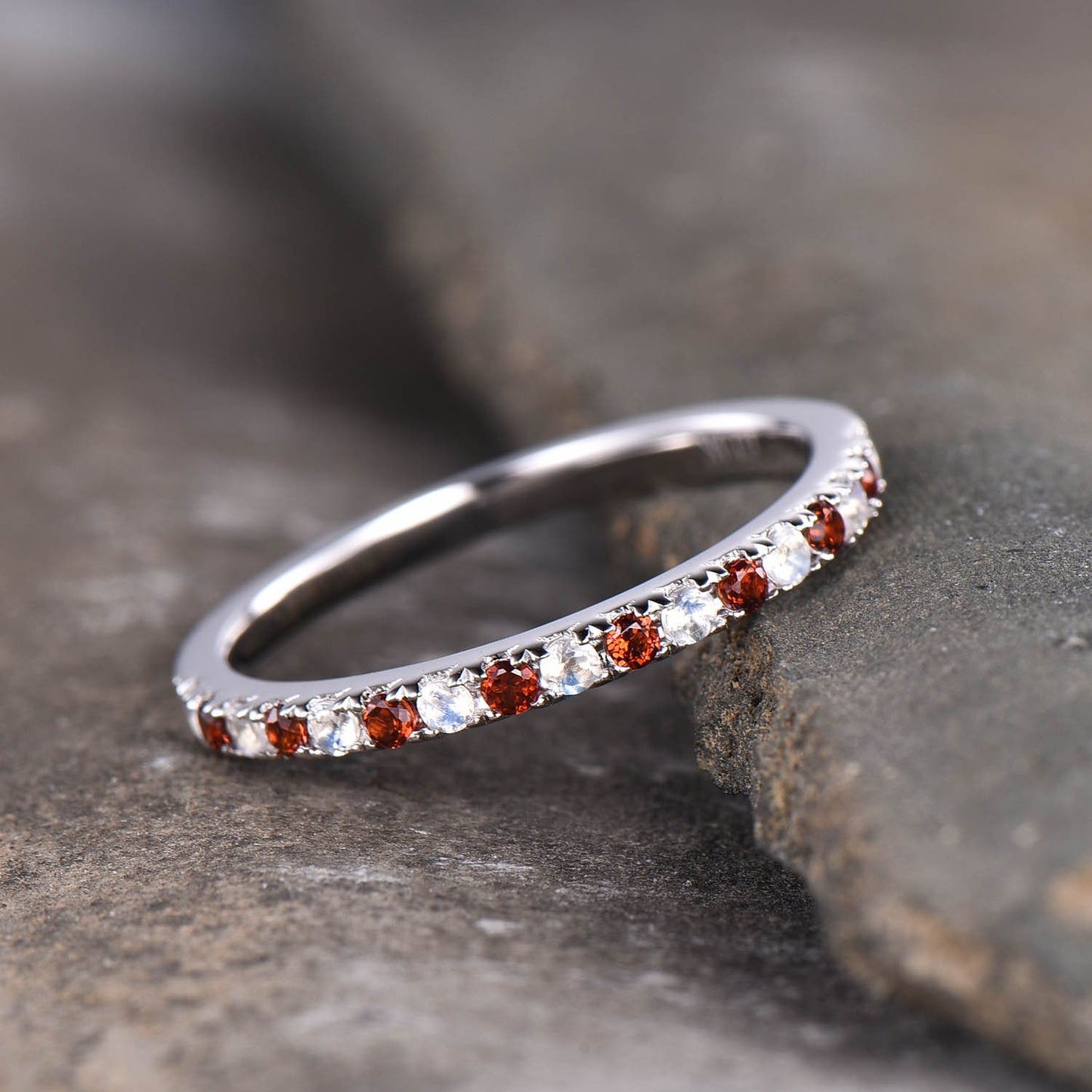Moonstone Garnet Wedding Ring, Half Eternity Band, Garnet Silver Ring, Two Birthstone Ring, Dainty Ring, Anniversary Ring