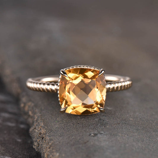 Gold Citrine Ring, Citrine Engagement Ring, Gemstone Ring, November Birthstone, Citrine Jewelry, Twist Band Ring, Promise Gift for Women