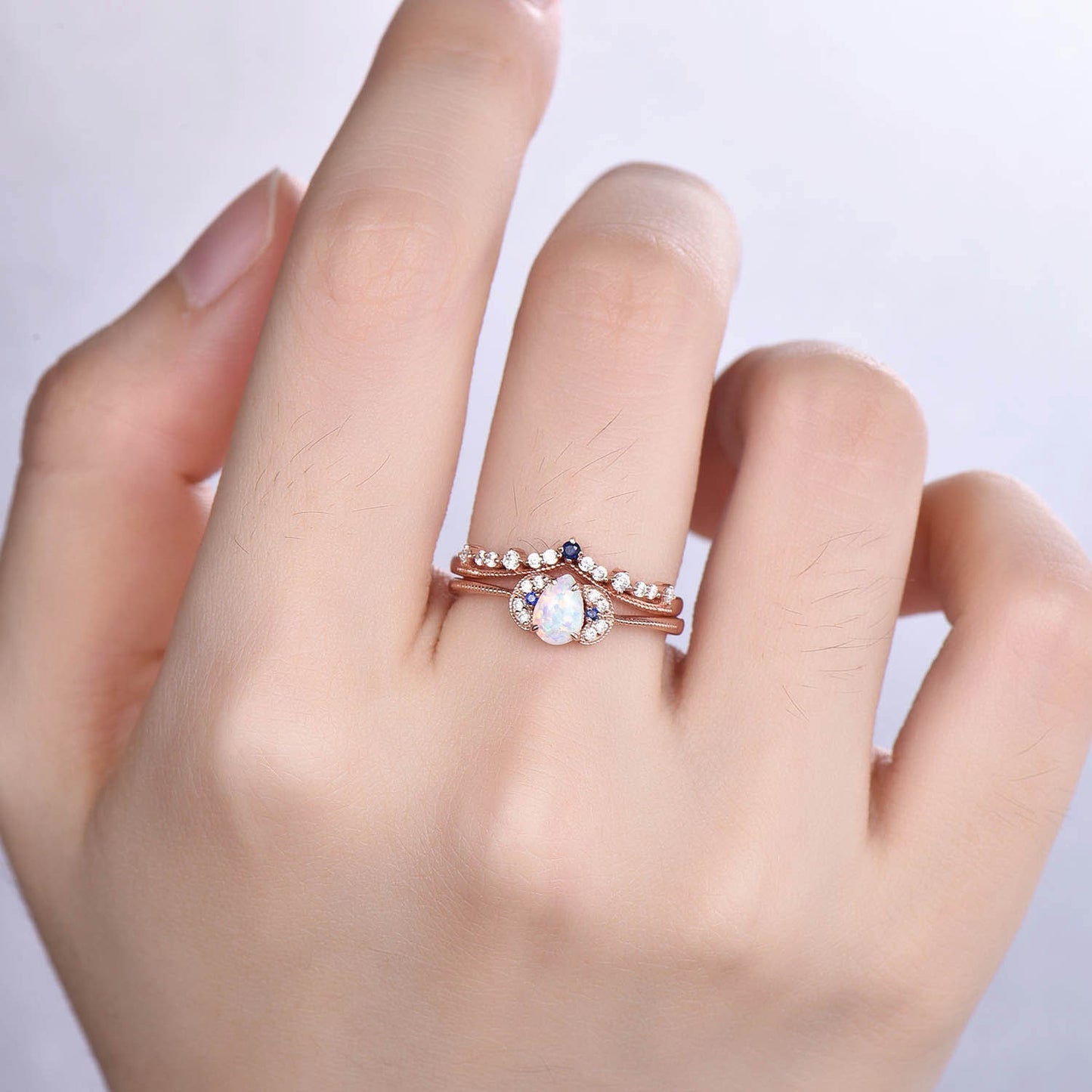 Opal Engagement Ring Set Rose Gold Diamond Blue Sapphire Matching Band Infinity Stacking Bridal Wedding Ring Set Birthstone Promise Jewelry