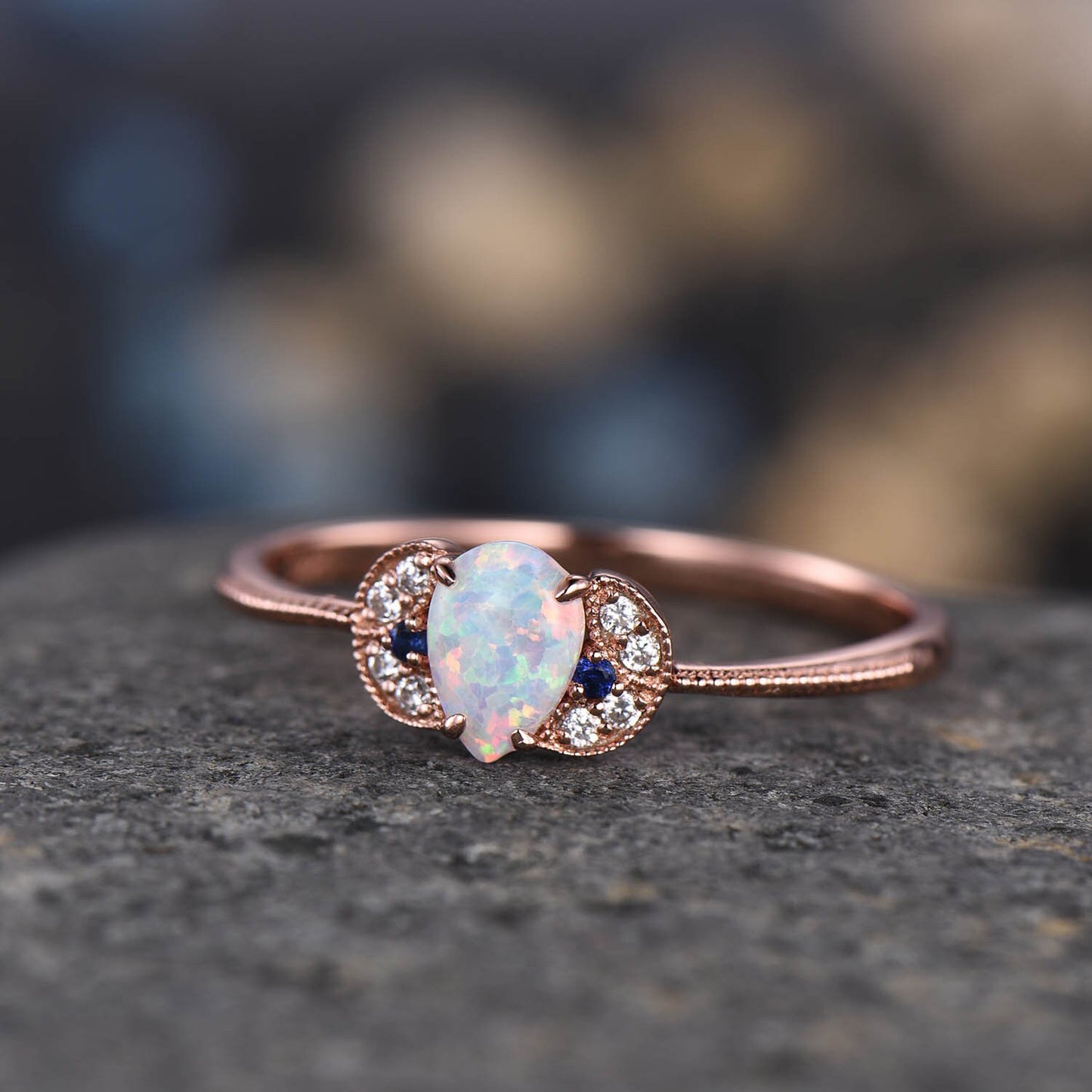 Opal Engagement Ring Set Rose Gold Diamond Blue Sapphire Matching Band Infinity Stacking Bridal Wedding Ring Set Birthstone Promise Jewelry