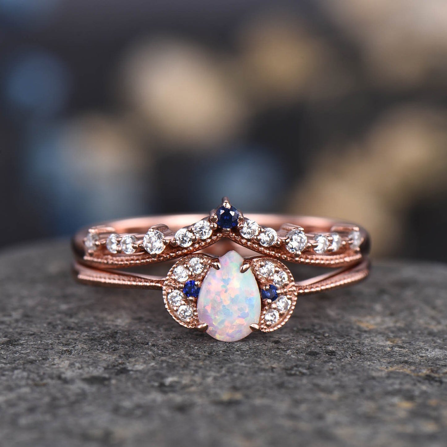 Opal Engagement Ring Set Rose Gold Diamond Blue Sapphire Matching Band Infinity Stacking Bridal Wedding Ring Set Birthstone Promise Jewelry
