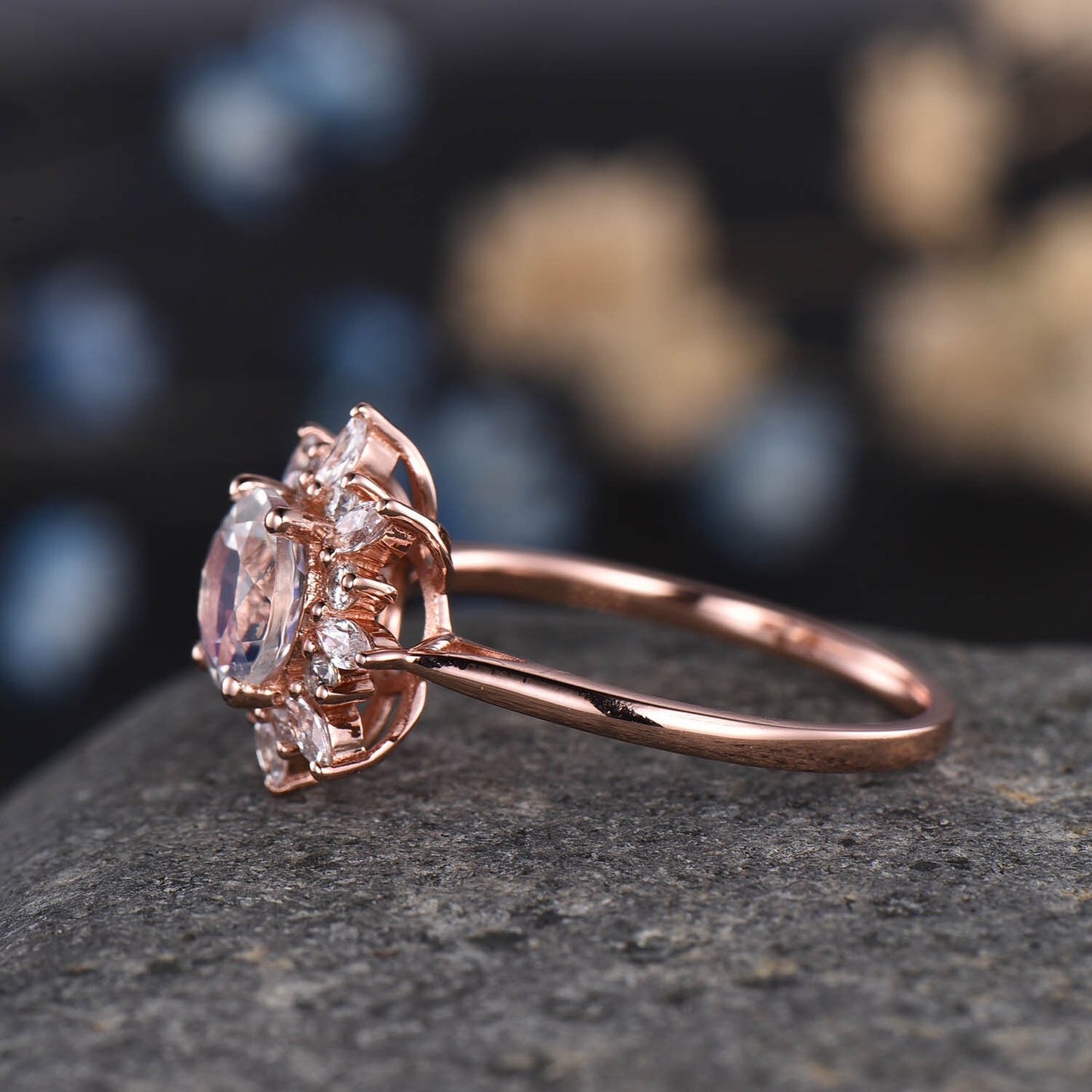 Moonstone Engagement Ring Women Diamond Ring Rose Plain Gold Band Vintage Floral Promise Bridal Jewelry Diamond/Moissanite Halo