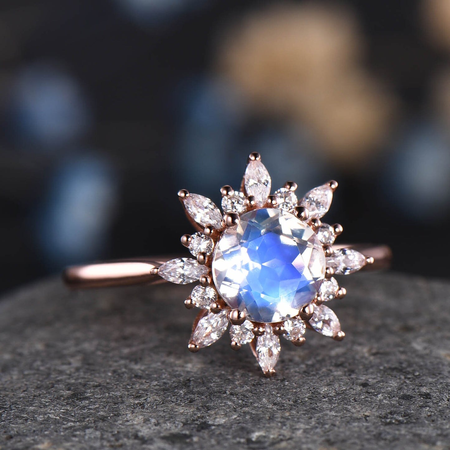 Moonstone Engagement Ring Women Diamond Ring Rose Plain Gold Band Vintage Floral Promise Bridal Jewelry Diamond/Moissanite Halo