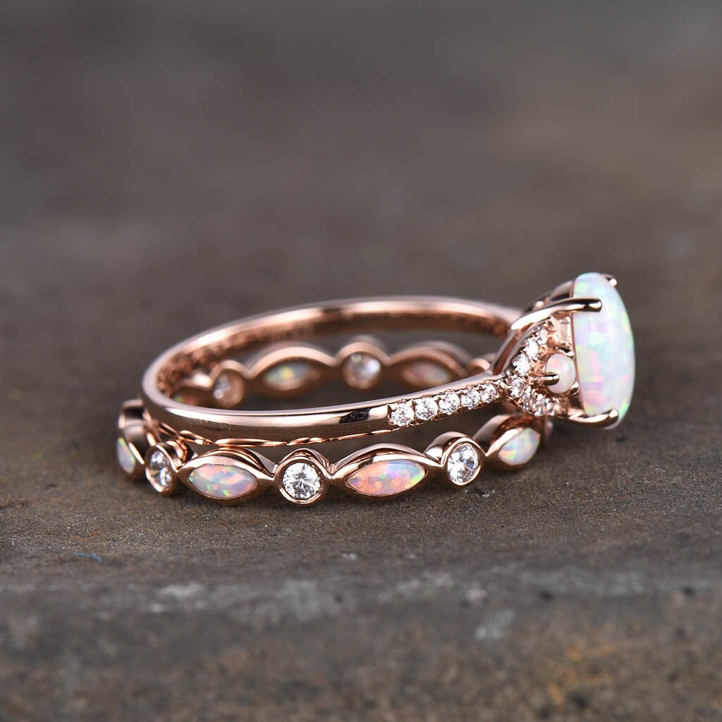 Opal rings for women, Oval white opal engagement ring, Opal eternity band, Rose gold opal rings, Wedding ring set, Bridal set