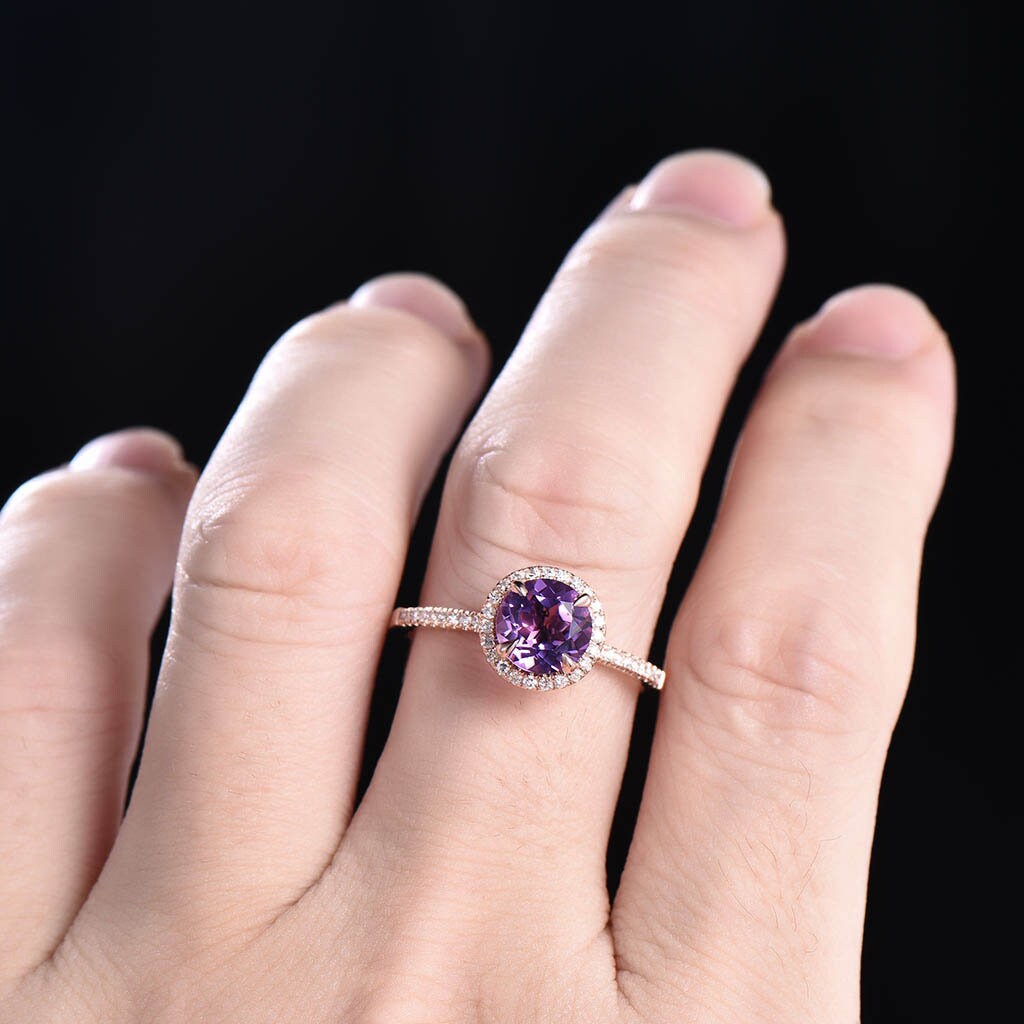 Amethyst Ring, Amethyst CZ Wedding Ring Set, Natural Round Cut Amethyst Engagement Ring, CZ Diamond Twist Band, Bridal Set, Anniversary Gift
