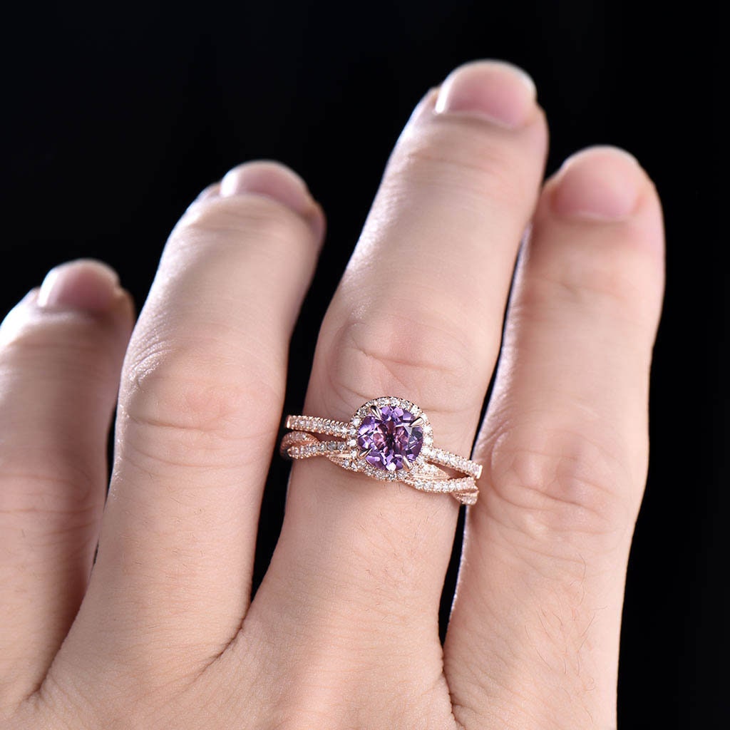 Amethyst Ring, Amethyst CZ Wedding Ring Set, Natural Round Cut Amethyst Engagement Ring, CZ Diamond Twist Band, Bridal Set, Anniversary Gift
